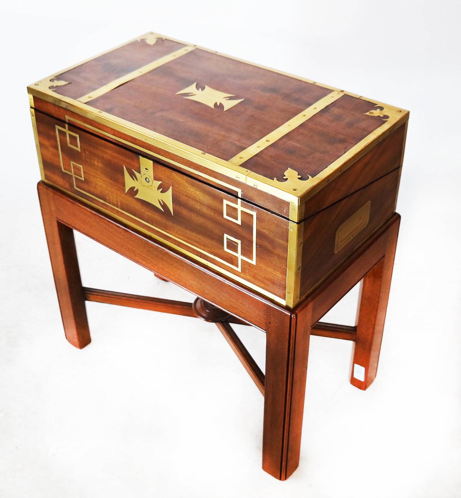 19th C. English Campaign Lap Desk: /antique two-part lap desk, with locking compartment (key intact) and ink jars. [Box: 7 1/4" H x 20" W x 10 3/4" W; Stand: 15" H x 20 1/4" W x 11 1/2" D].