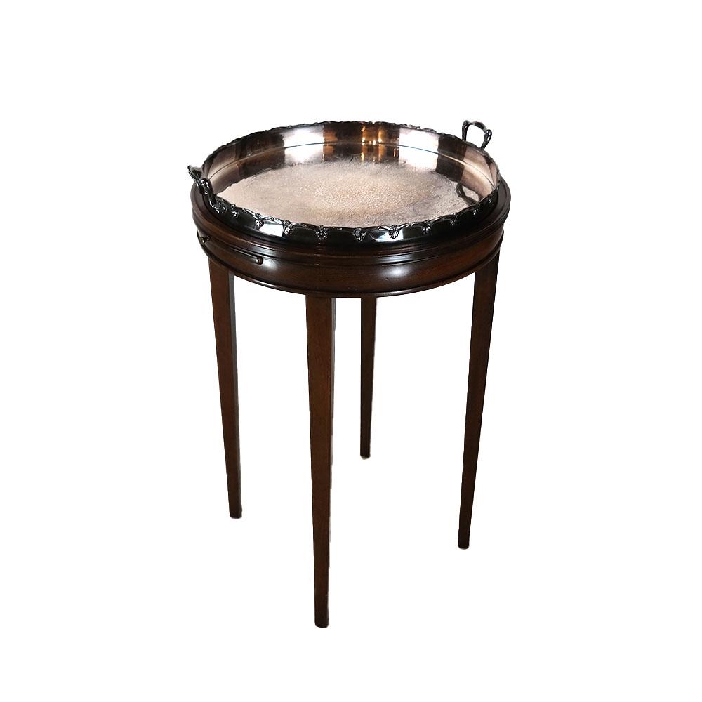 Kittinger, Buffalo, NY - Tea Table: Circular tea table with a pull-out slide and an inset removable silver plate tray. [Table only: 25" H x 16" Diam.; Tray: 3" H x 16 1/2" Diam.].