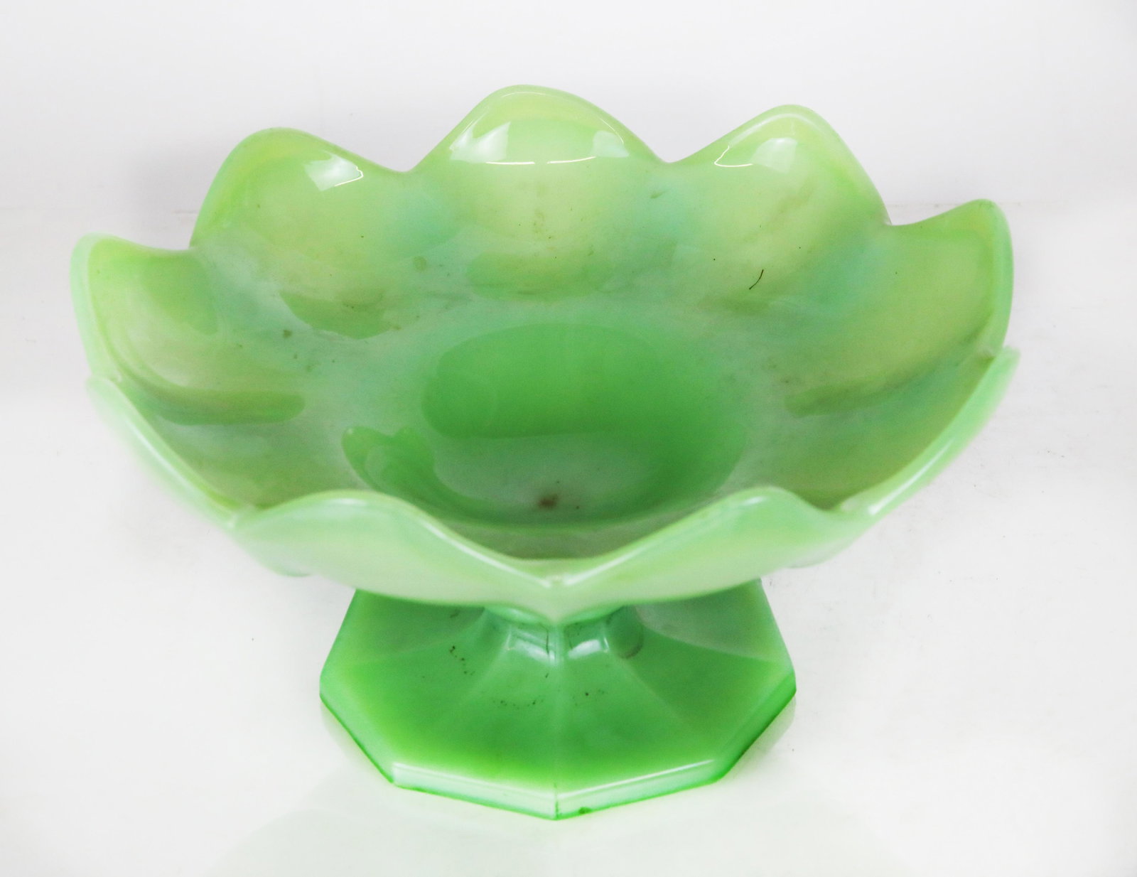 Green Opaline Floral Compote: Green opaline floral compote. [5 1/2" H x 11" Diam.]. In good condition.