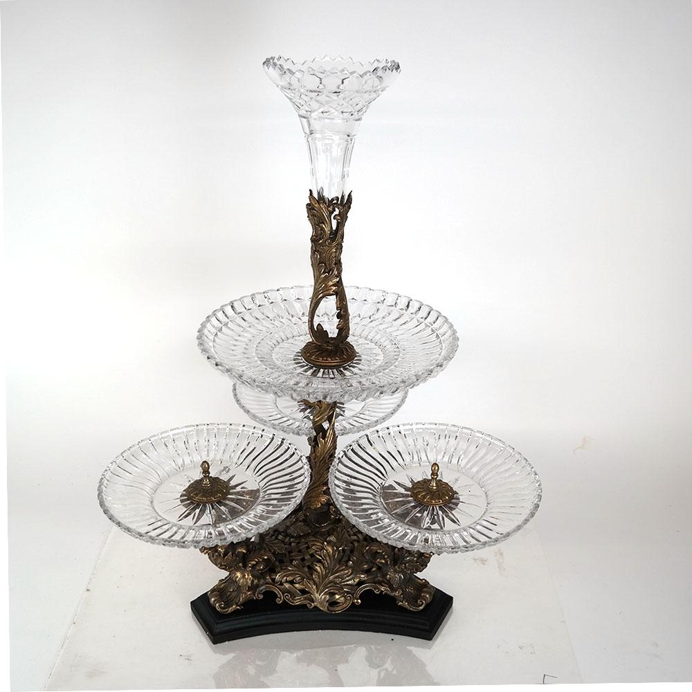 Brass & Crystal Epergne: Brass and crystal epergne, having three cast lions supporting four dishes. [25 1/2" H x 19" Diam. (crystal vase at top)].