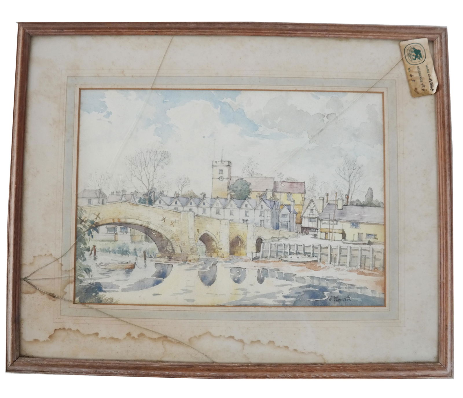 W. P. HAWORTH: Scenic Town - Watercolor Painting: Watercolor depicting a river running through a scenic European town with a bridge spanning the water. Signed bottom right. Framed under glass. [Sight: 10 3/4" H x 15 1/4" W; Frame: 18 1/4" H x 22 1/2"