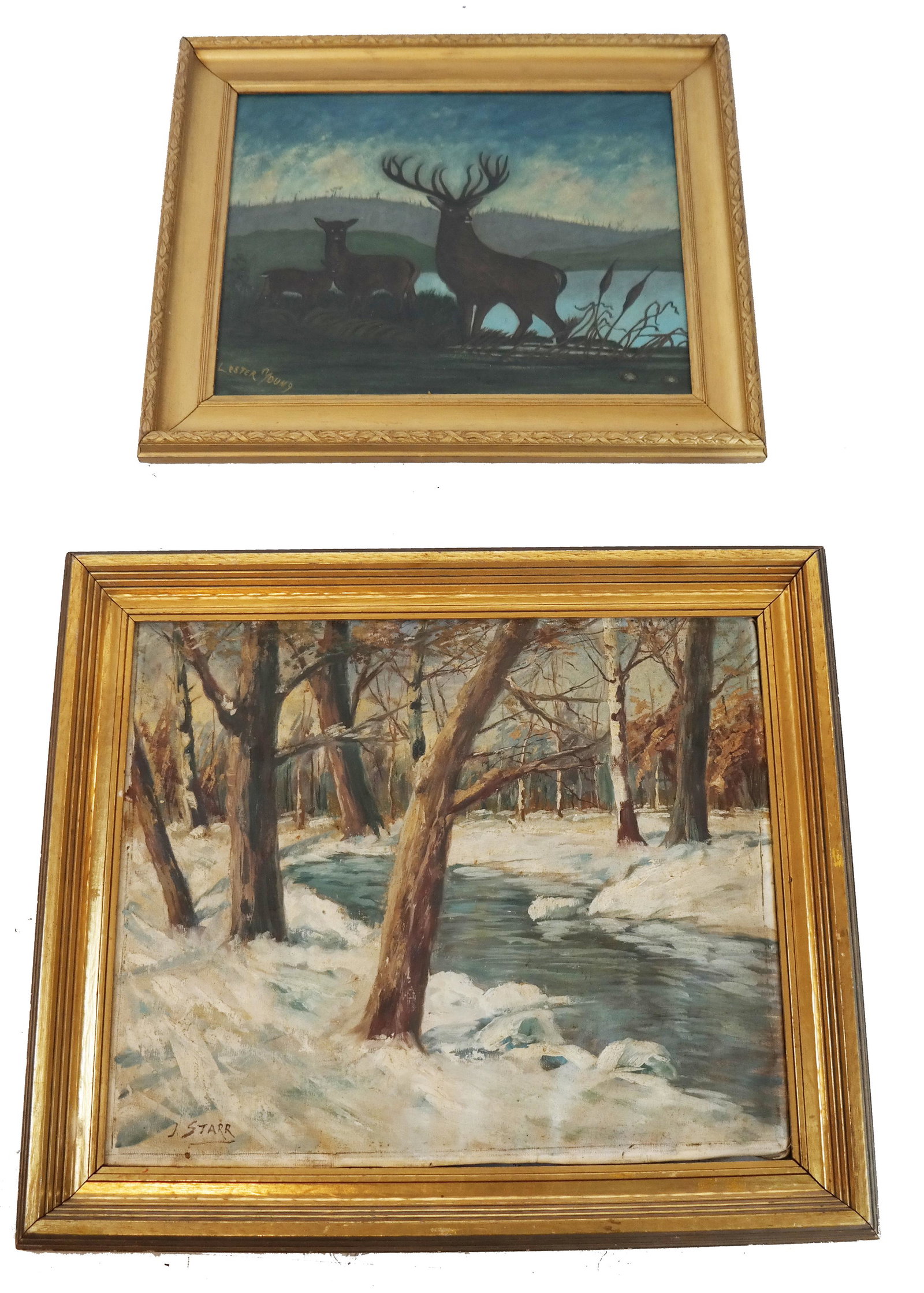 J. STARR - L YOUNG: Stag & Winter Landscape 2 Works: Two oil paintings: 1) A stag, doe and fawn in alert poses. Signed "Lester Young" lower left. Framed. [Sight: 16 1/2" H x 20 1/2" W; Frame: 22 3/4" H x 26 1/2" W]. Surface grime, craquelure, abrasions.
