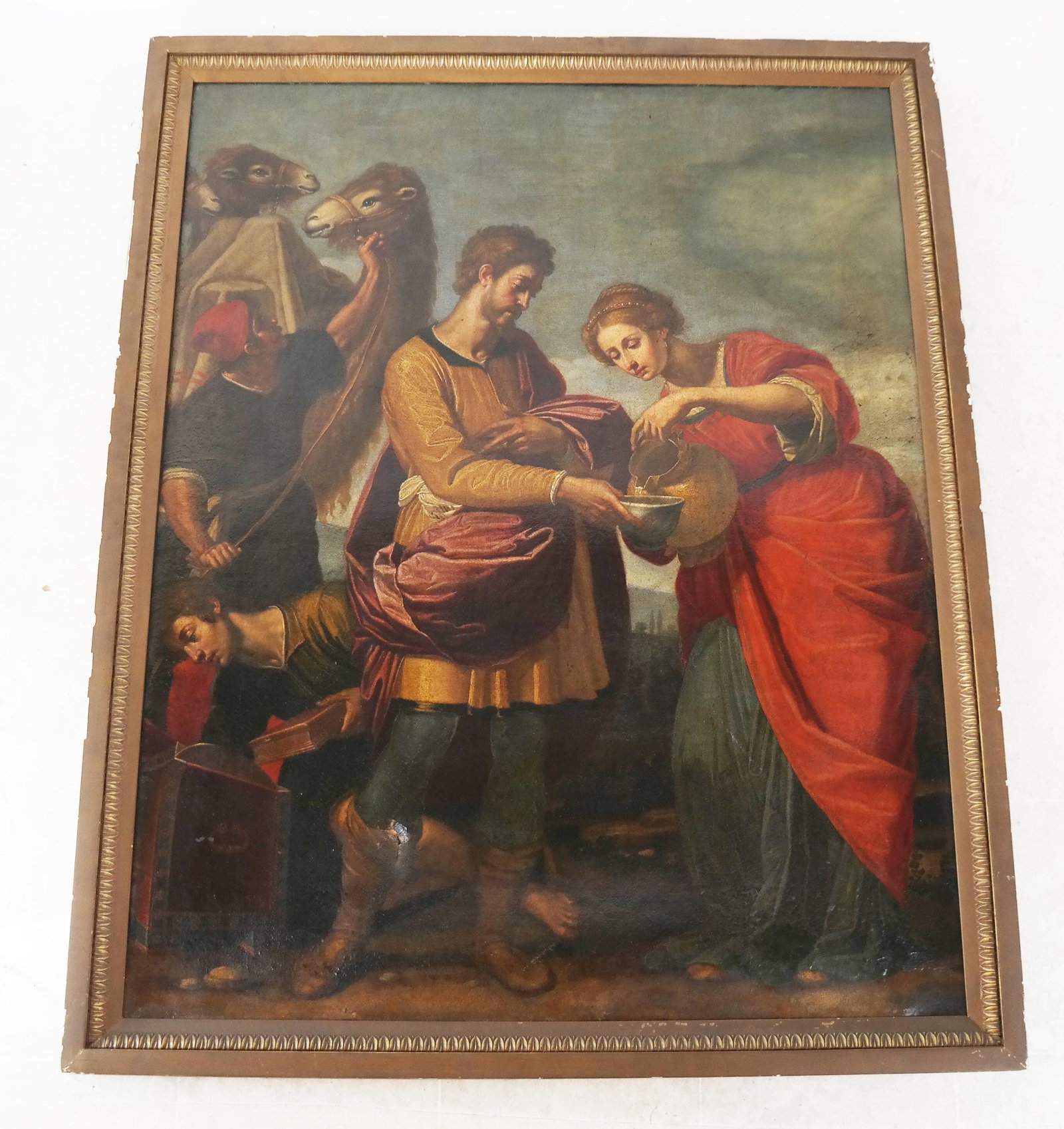 After VANNINI: "Rebecca & Eliezer..." - Painting: Follower of Ottavio Vannini "Rebecca and Eliezer at the Well" oil on canvas, not signed, of a woman pouring water into a basin, with other figures, in a Middle Eastern landscape. This is a partly cut-