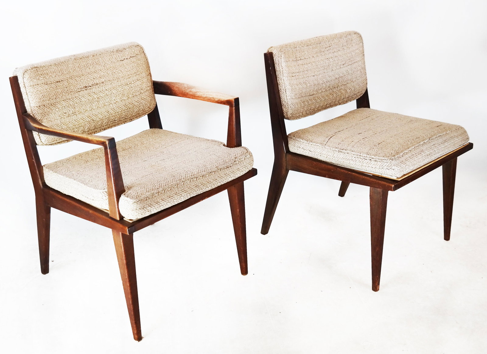 Danish Modern Arm Chair & Side Chair: Danish Modern arm chair and side chair, upholstered in off-white boucle fabric. [Arm chair: 28" H x 22 1/2" W x 21" D]. Upholstery worn; chairs with moderate wear.