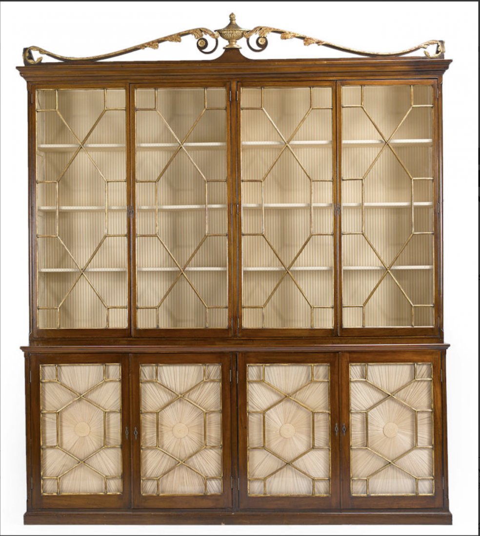 Large George III Parcel Gilt Display Cabinet: Large George III parcel gilt mahogany display cabinet, in three sections. [98" H x 91" W x 18" D].