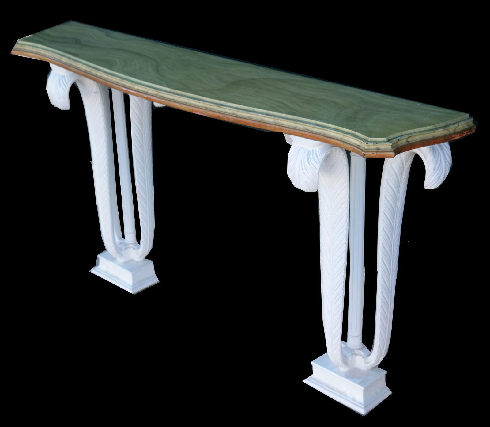 Serge Roche-Manner Wood Console Table: Carved and painted wood console table, late 20th century, with faux marble painted wooden top, raised on feather-form supports. [36"H x 62 1/2" W x 14" D].