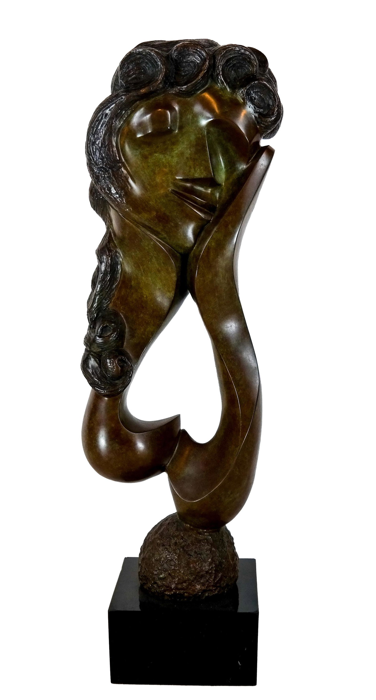Ellen BRENNER: Modern Bronze Sculpture: "Two Faced Woman" on a black marble base. [39 1/2" H x 12" W x 6" D].