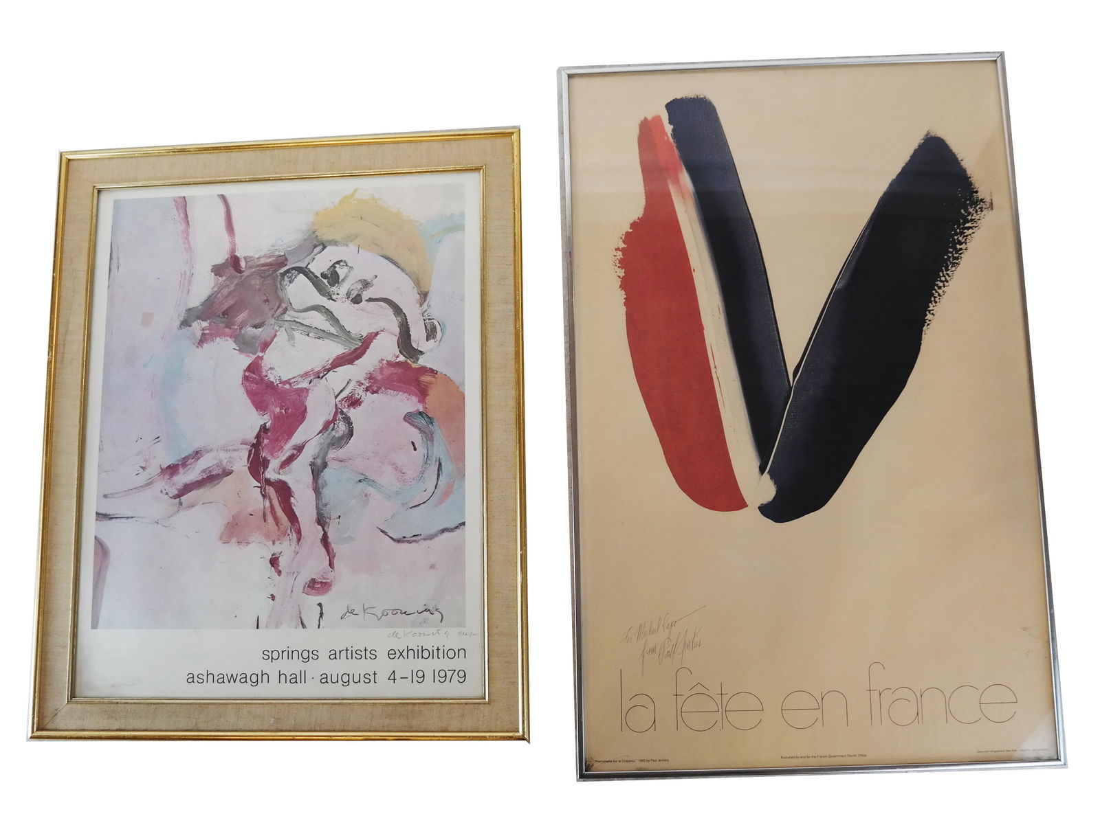 Two Framed Posters: P. Jenkins, W. de Kooning: Two vintage framed posters: 1) Paul Jenkins "Fet en France", inscribed by the artist in pen [Frame: 24 1/4"H x 37 3/8" W}. Toned. 2) Willem de Kooning "1979 Spring Artists Exhibition", numbered 100/11