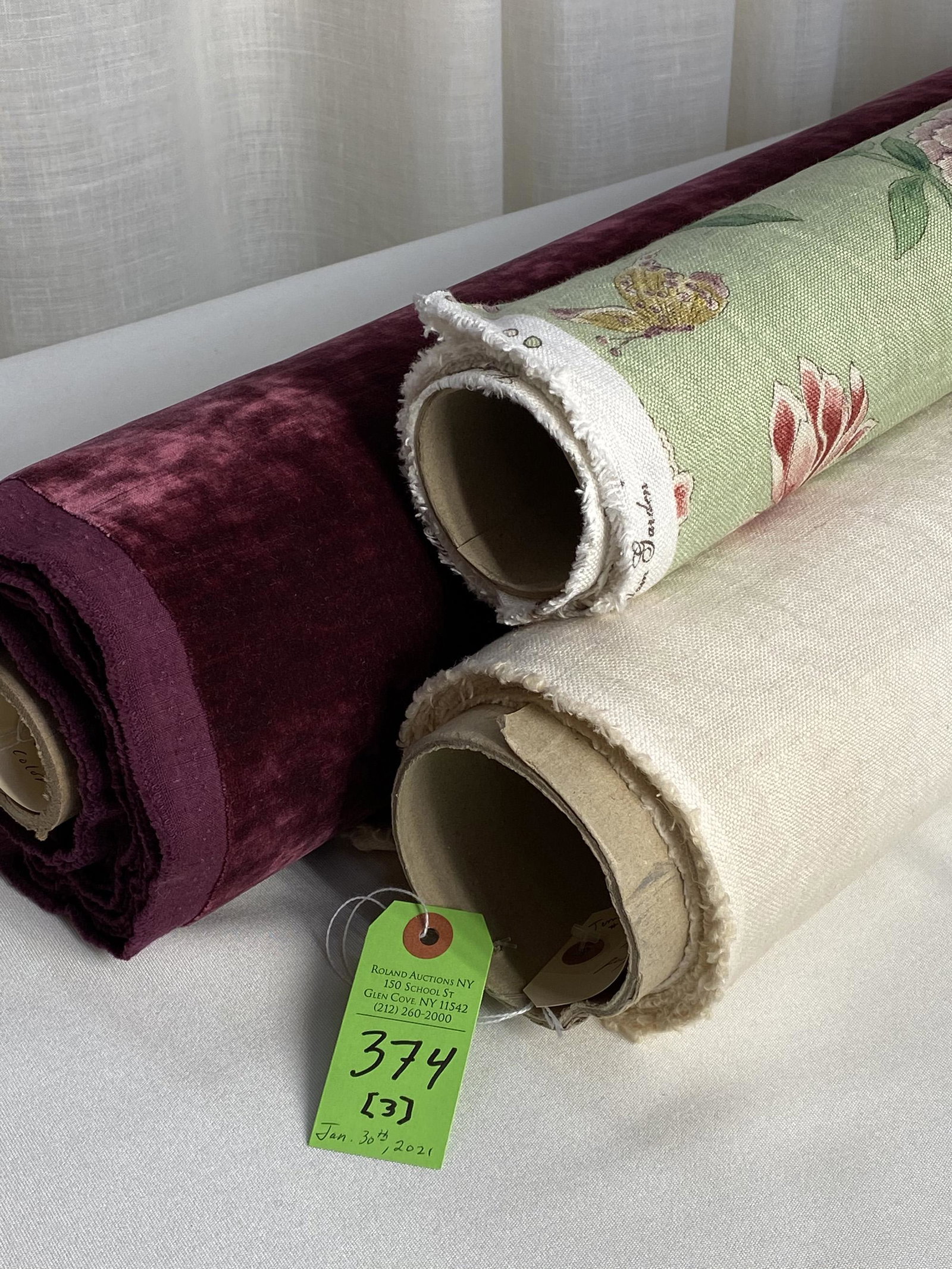 Sanderson, Colefax & Fowler and Kravet Fabrics: 1) 3 3/4 yards of Arthur Sanderson & Son's "Porcelain Garden", an 18-screen printed linen floral vine, multi on celadon, 54" wide. Inspired by late 18th century Chinese printed papers and silks, the d