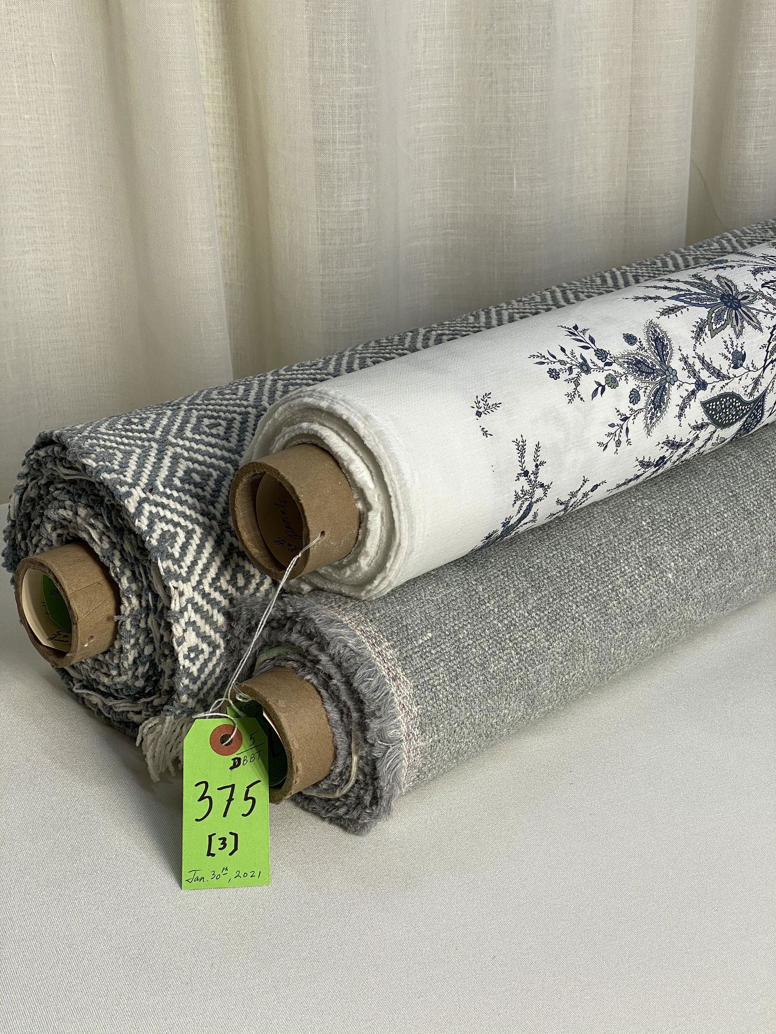 Holly Hunt, Ratti Print and Chenille Fabrics: 1) 14 1/2 yards of hand printed linen by Ratti, Como, Italy for Clarence House of New York. Titled "Silver Jubilee," the Tree of Life design in blues on off-white, is printed in panel form, 3 1/2 yard