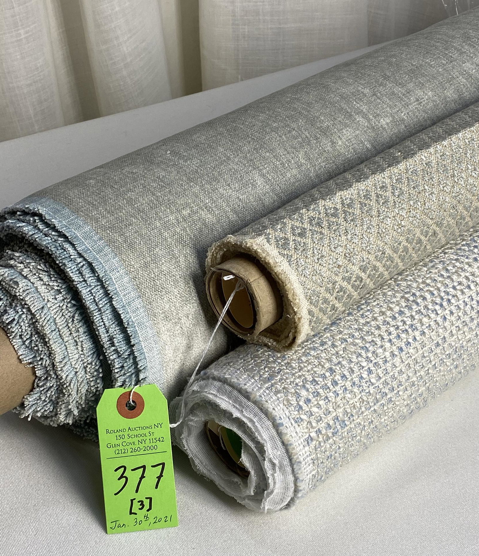 Romo, James Dunlop and Rogers & Goffigon Fabrics: 1) 12 1/4 yards of Romo's heathered viscose blended upholstery chenille in soft grey aqua, 59" wide. 2) 2 1/4 yards of James Dunlop's "Strada", #12516-580, color "Powder Blue", 54" wide. Distributed t