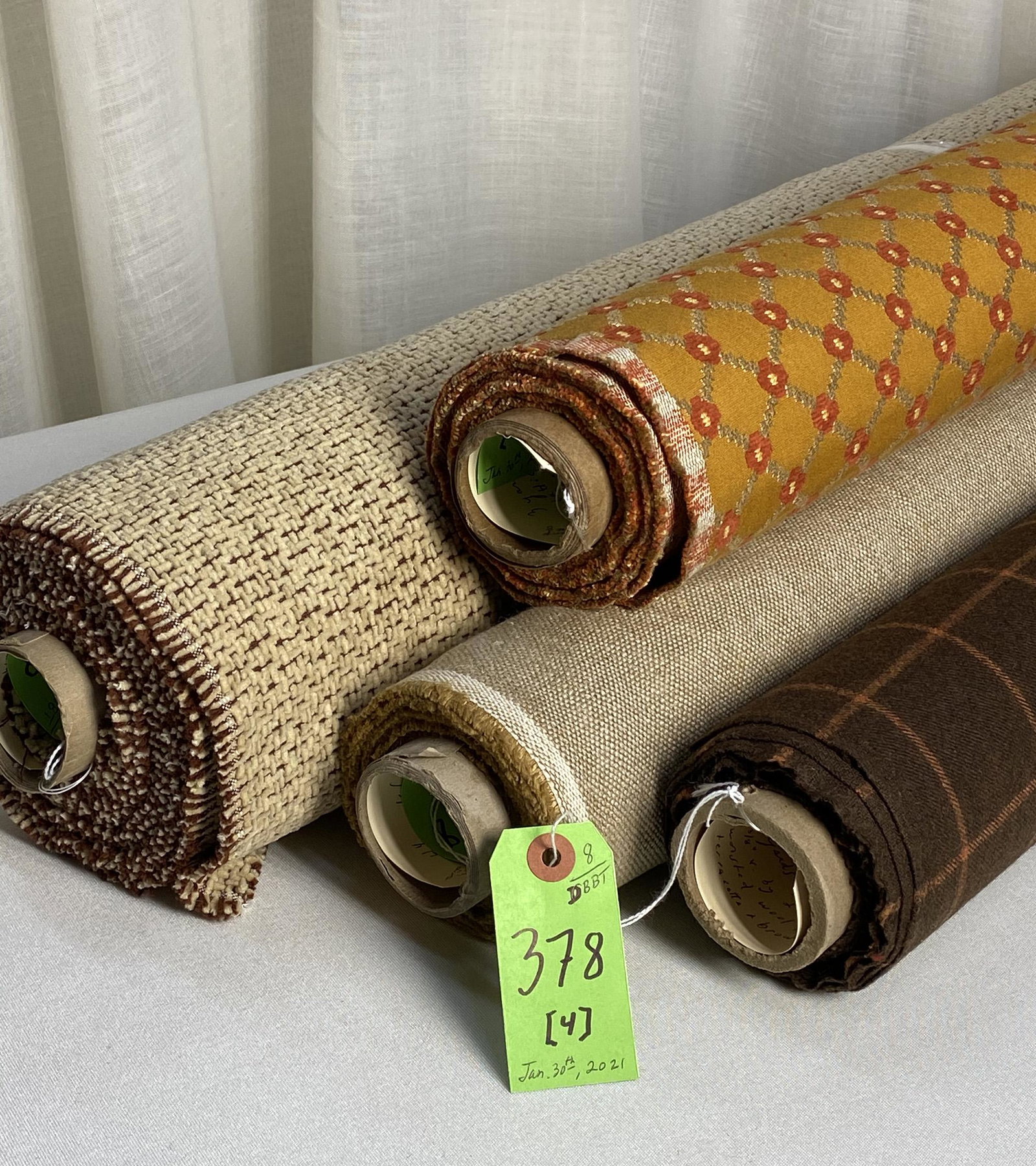 Holland & Sherry, Rogers & Goffigon and Other Fabr: 1) 7 yards of Holland & Sherry's pressed worsted wool plaid in terracotta and brown, 60" wide. Small repeat of 2 3/8" vertical by 2" horizontal. Beautiful hand! 2) 3 yards of a European jacquard cheni