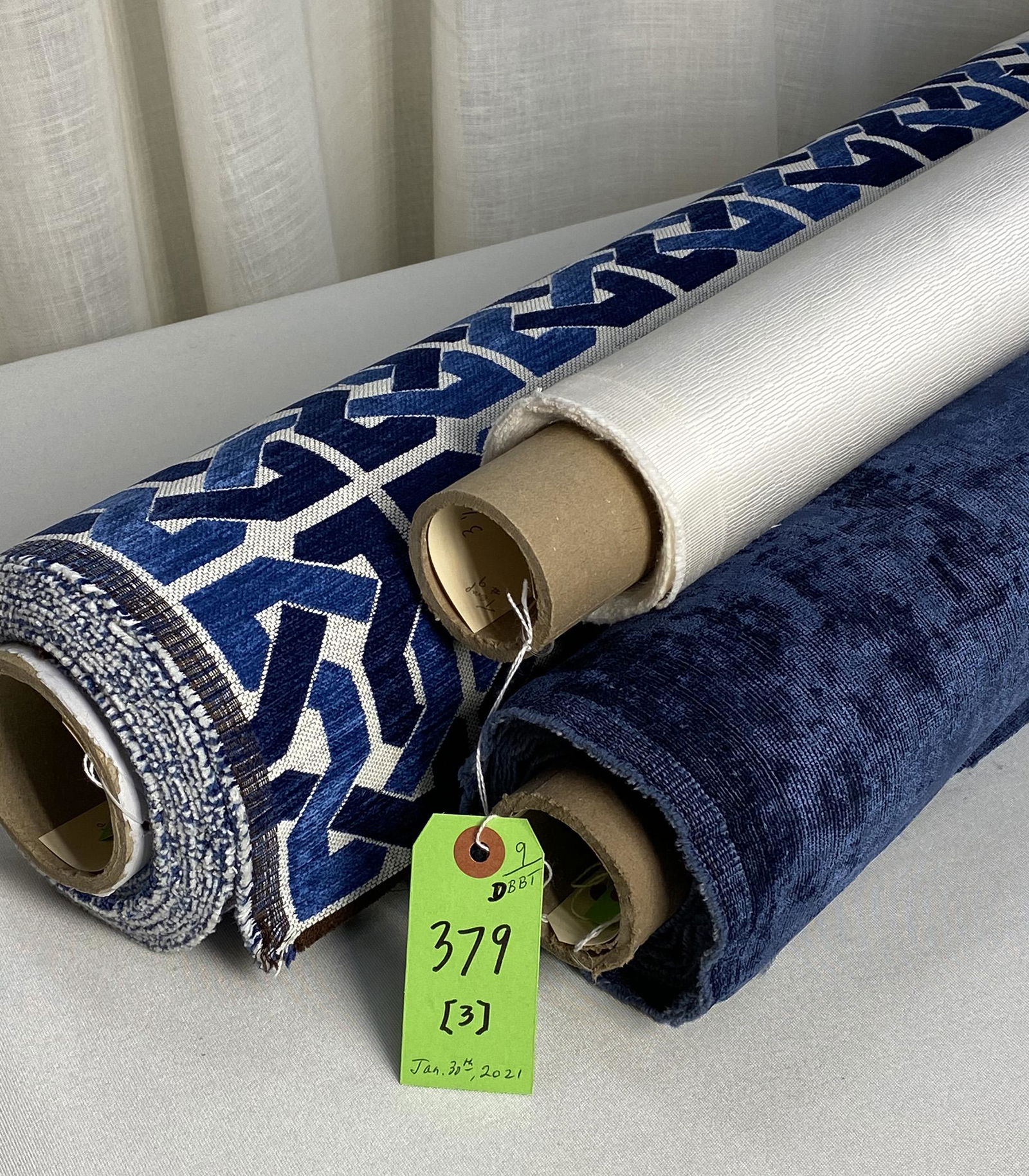 Lee Jofa and Kravet Fabrics: 1) 5 yards of Lee Jofa's viscose blended chenille jacquard in blues on off-white, #2727.515.0, 57" wide. The upholstery textile has a design repeat of 10 1/4" vertical by 7 1/8" horizontal. 2) 4 1/4 y