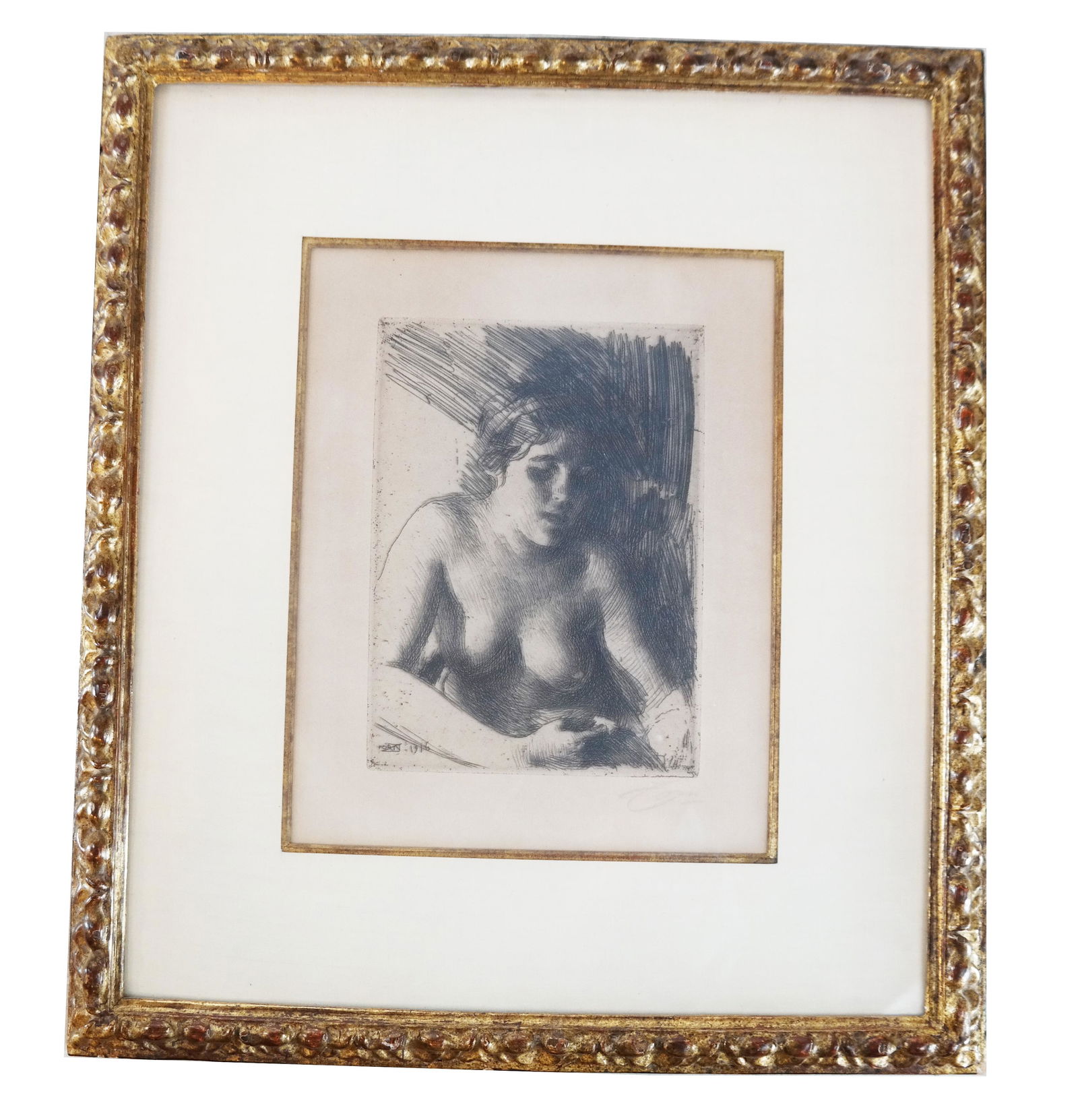Anders ZORN: Nude Woman- Etching: Etching of nude woman by Anders Zorn, signed in the plate and dated 1916, signed in pencil on sheet lower right. [Image: 9 1/2" H x 6 3/4" W; Frame: 22 1/4" H x 19 3/4" W]. In good condition; toning.