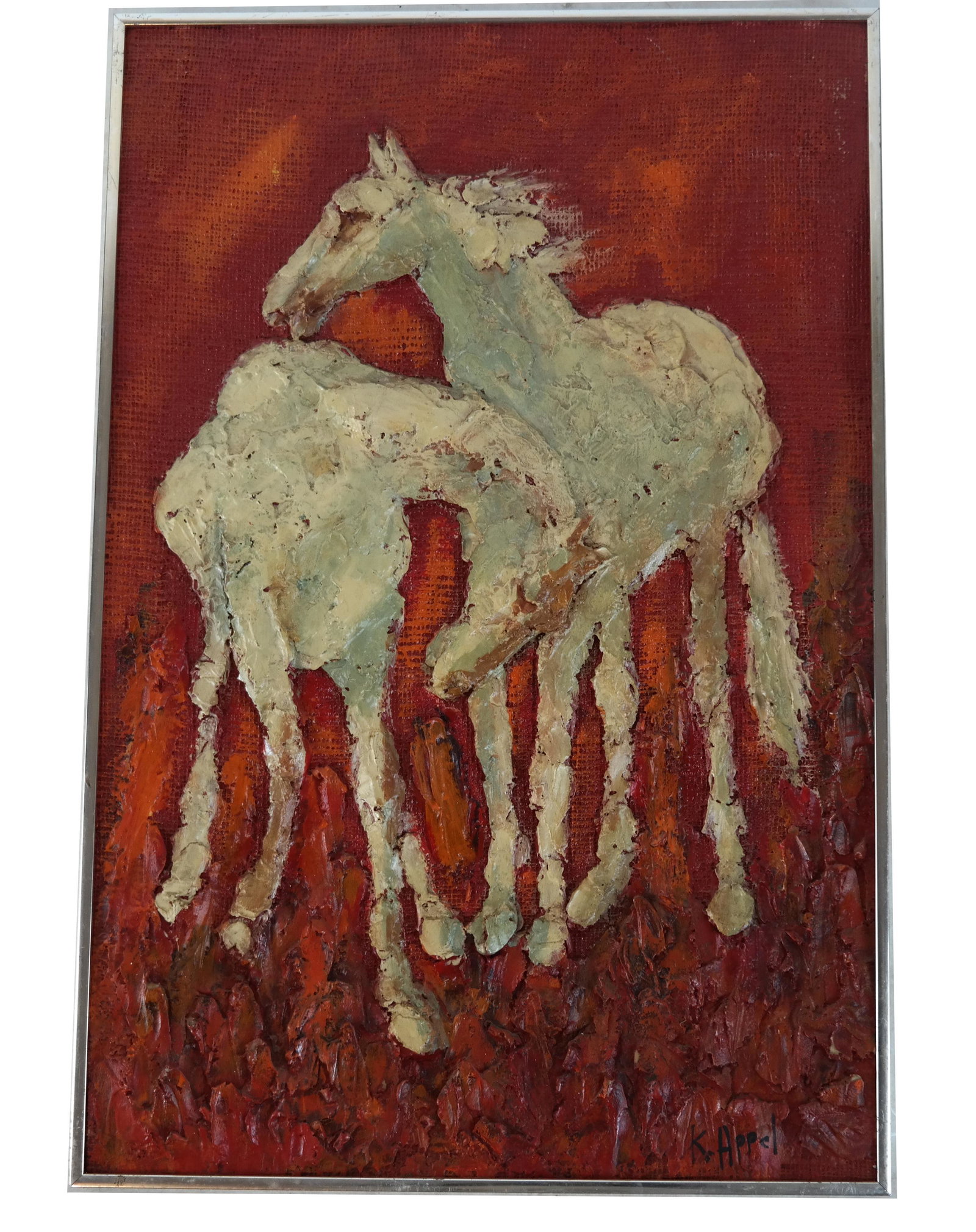 Style of Karel Appel - Mixed Media: Dimensional painting of two horses on heavy painted canvas, signed lower right. [29" H x 19" W; Frame: 30" H x 20" D].