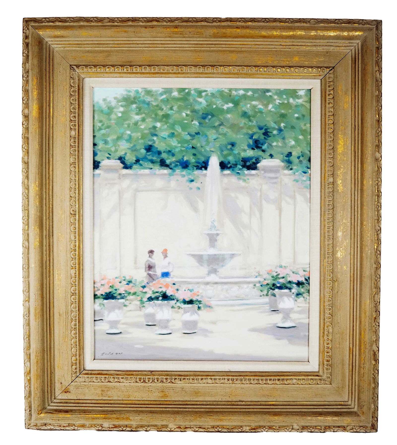 Andre GISSON: Parisian Fountain - O/C Painting: Gilt-framed Impressionist-style Parisian scene of figures by a fountain, signed lower left "Gisson". [Art: 20" H x 16" W; Frame: 29" H x 20" W]. Art and frame in good condition.