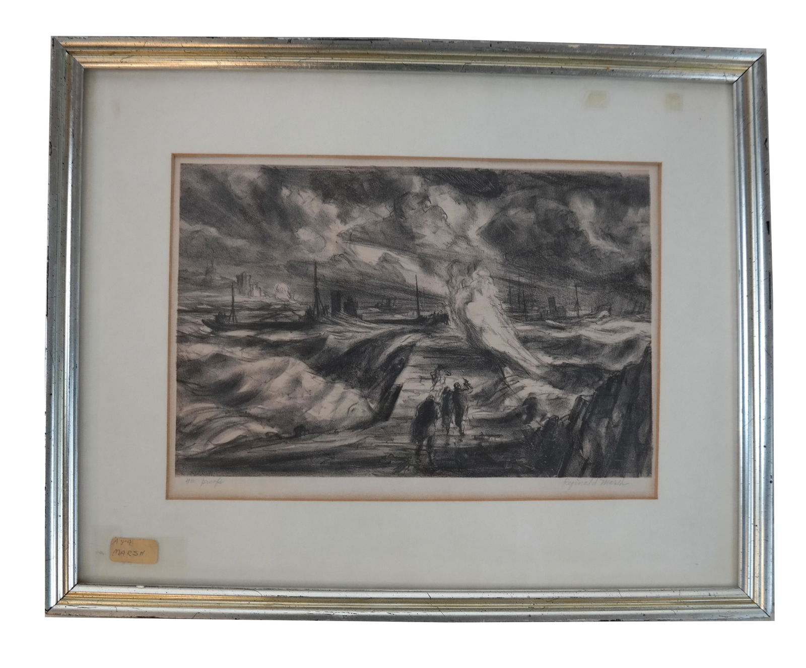 Reginald MARSH: Figures on a Pier- Etching: Reginald Marsh (American 1898-1954) etching signed lower left in plate, signed in pencil lower right on sheet, "Reginald Marsh", lower left "40 proofs." [Image: 8 1/8" H x 12 1/2" W; Frame: 15 1/8" H