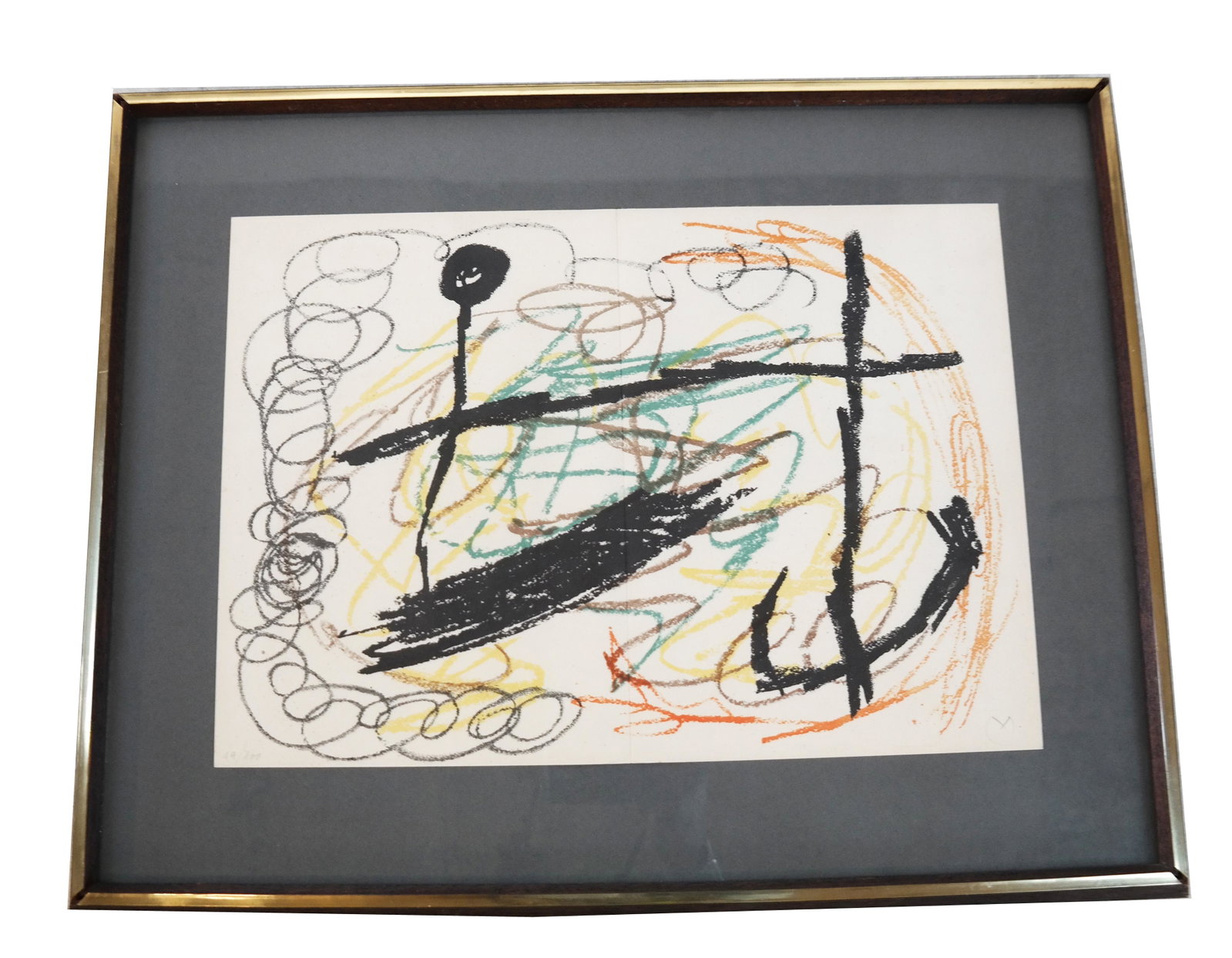 Joan MIRO: Abstract - Lithograph: Joan Miro abstract lithograph, numbered 19/100, artist's monogram lower right in the plate. [Sheet: 11 3/4" H x 17" W; Frame: 18 1/4" H x 23 1/4" W]. In good condition; crease down center.