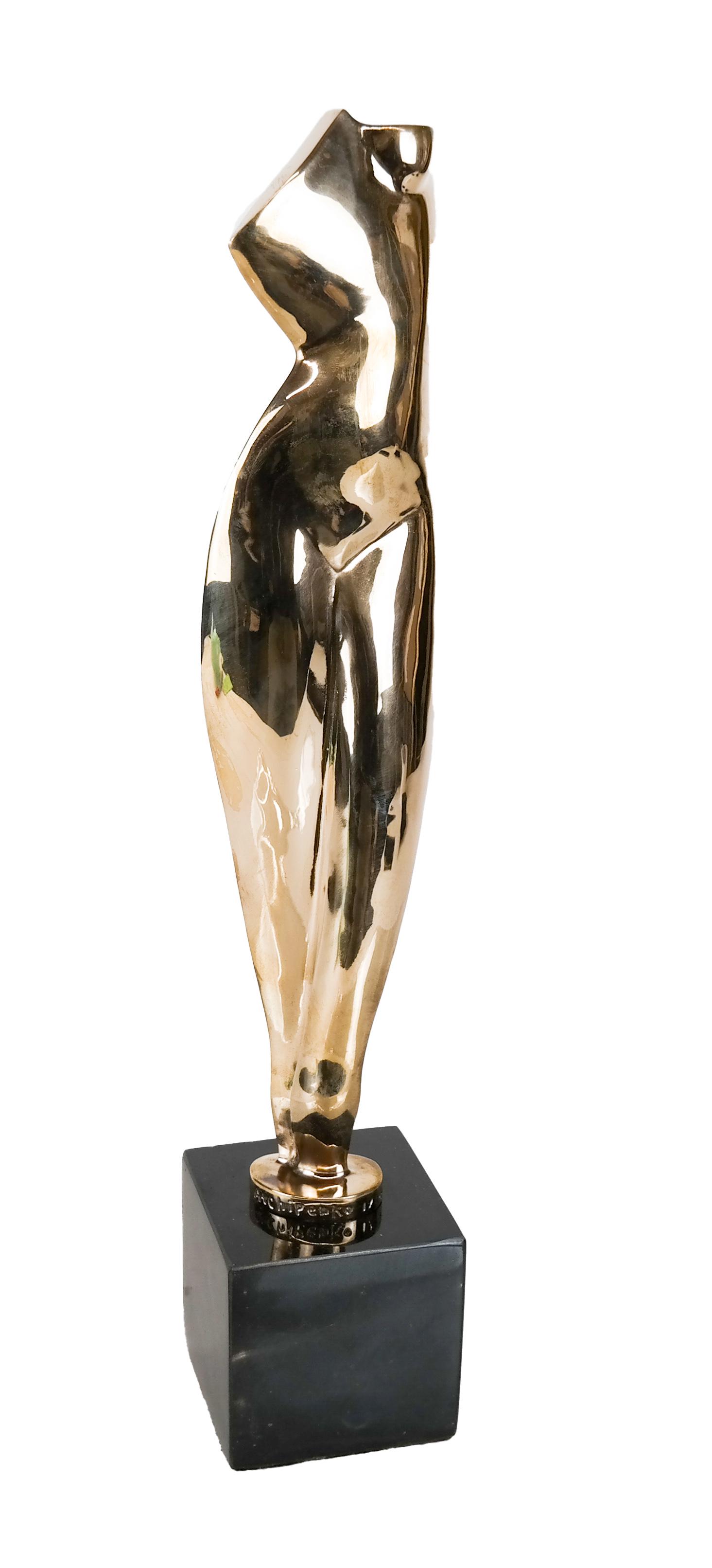 A. ARCHIPENKO: Woman's Torso - Bronze Sculpture: Modernist polished bronze sculpture of a woman's torso, mounted on a black marble base, by Alexander Archipenko (American/Ukrainian, 1887-1964). [Sculpture: 13 1/2" H x 3" W x 1 1/4" D; Base: 3 1/4" H