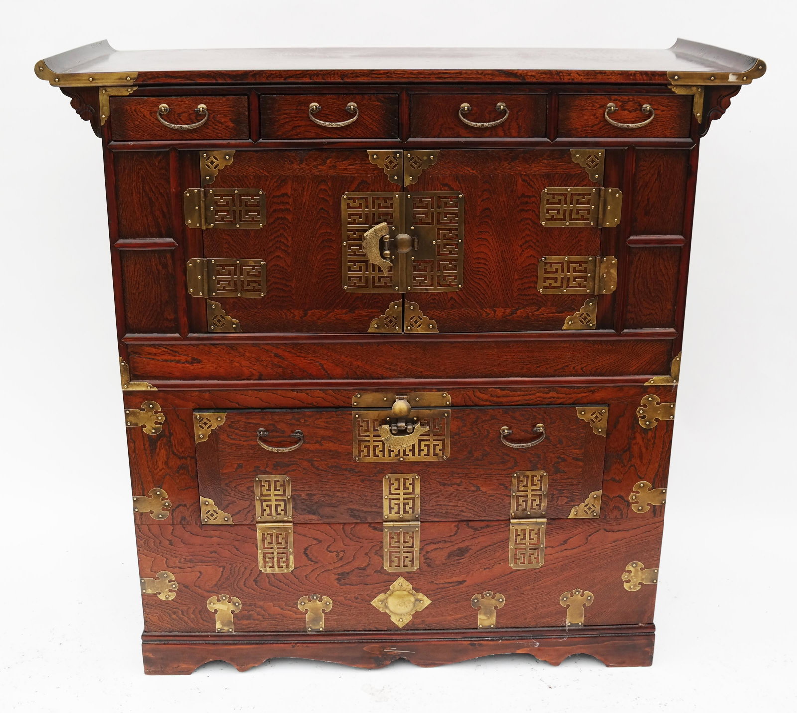 Korean Rosewood & Brass Cabinet: Korean rosewood campaign-style cabinet with brass hardware, having four small drawers over two compartments. [39" H x 39" W x 15 1/4" D]. In good condition.