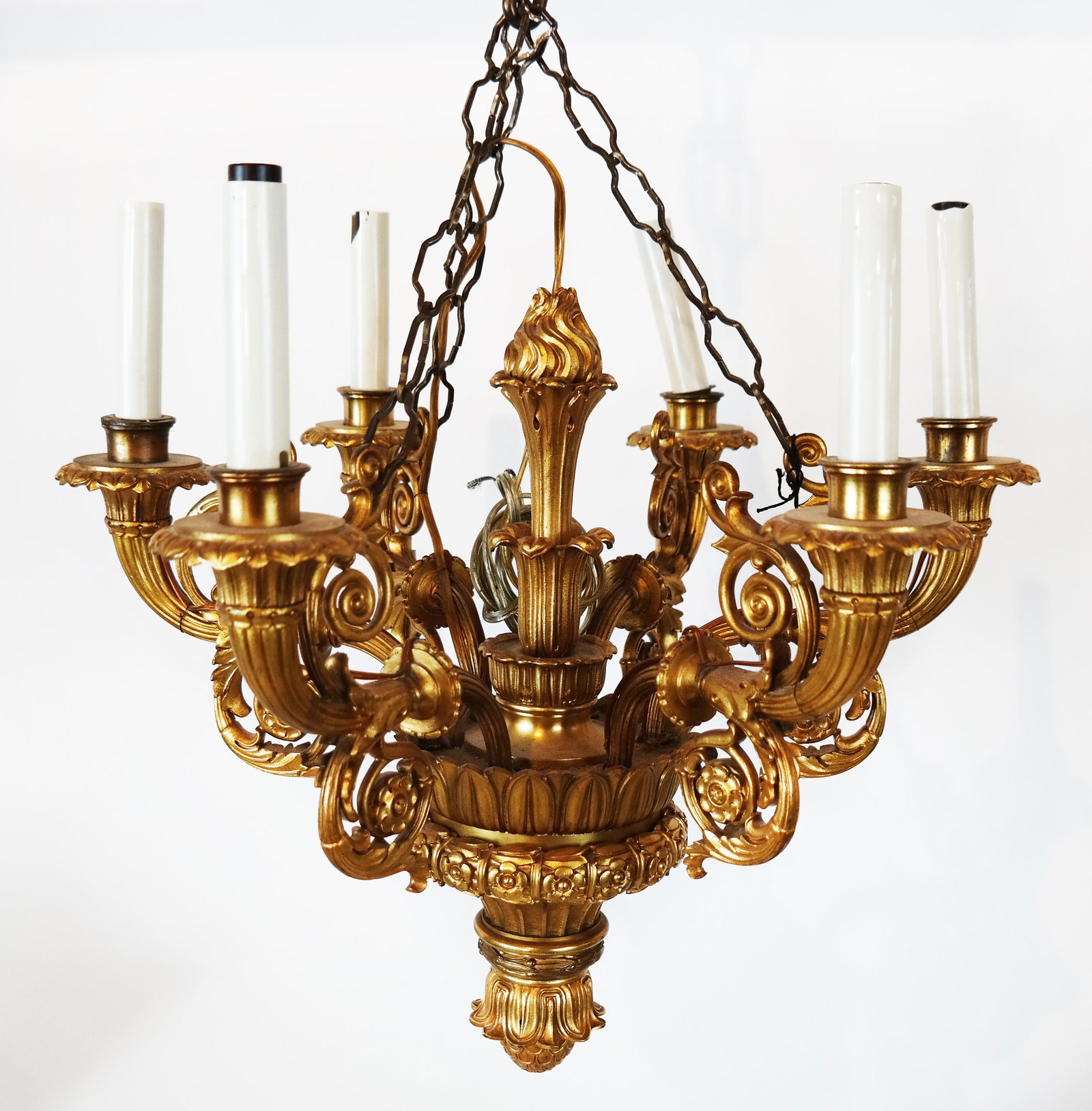 Charles X-Style Ormolu 6-Light Chandelier: Charles X-style 6-light ormolu chandelier. [19 1/2" H x 17" Diam.].