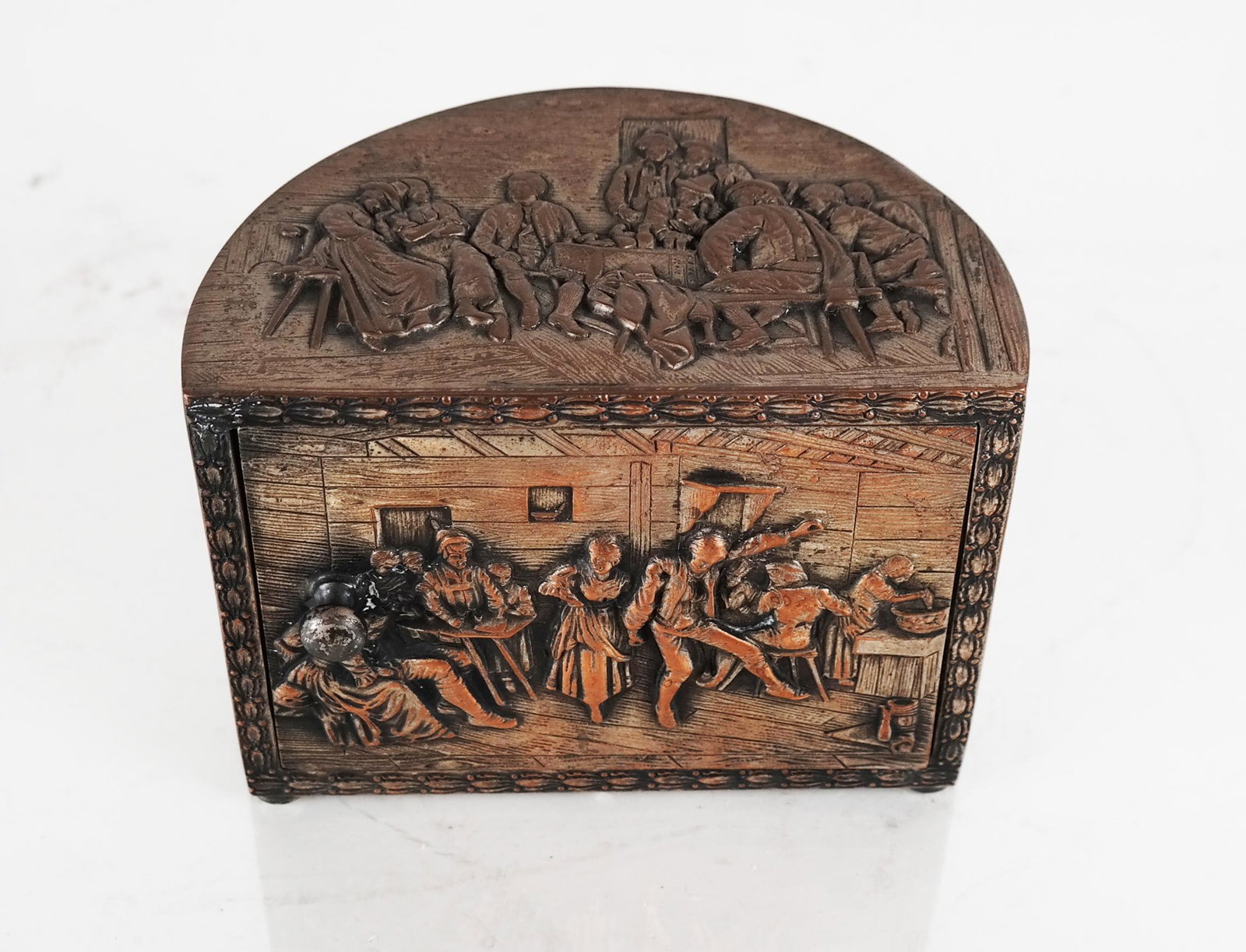 Cross of London Compartment Box: Copper and silver plate relief compartmented box, with swinging hinged front opening, by Cross of London. [4" H x 5 1/4" W x 3 1/2" D].