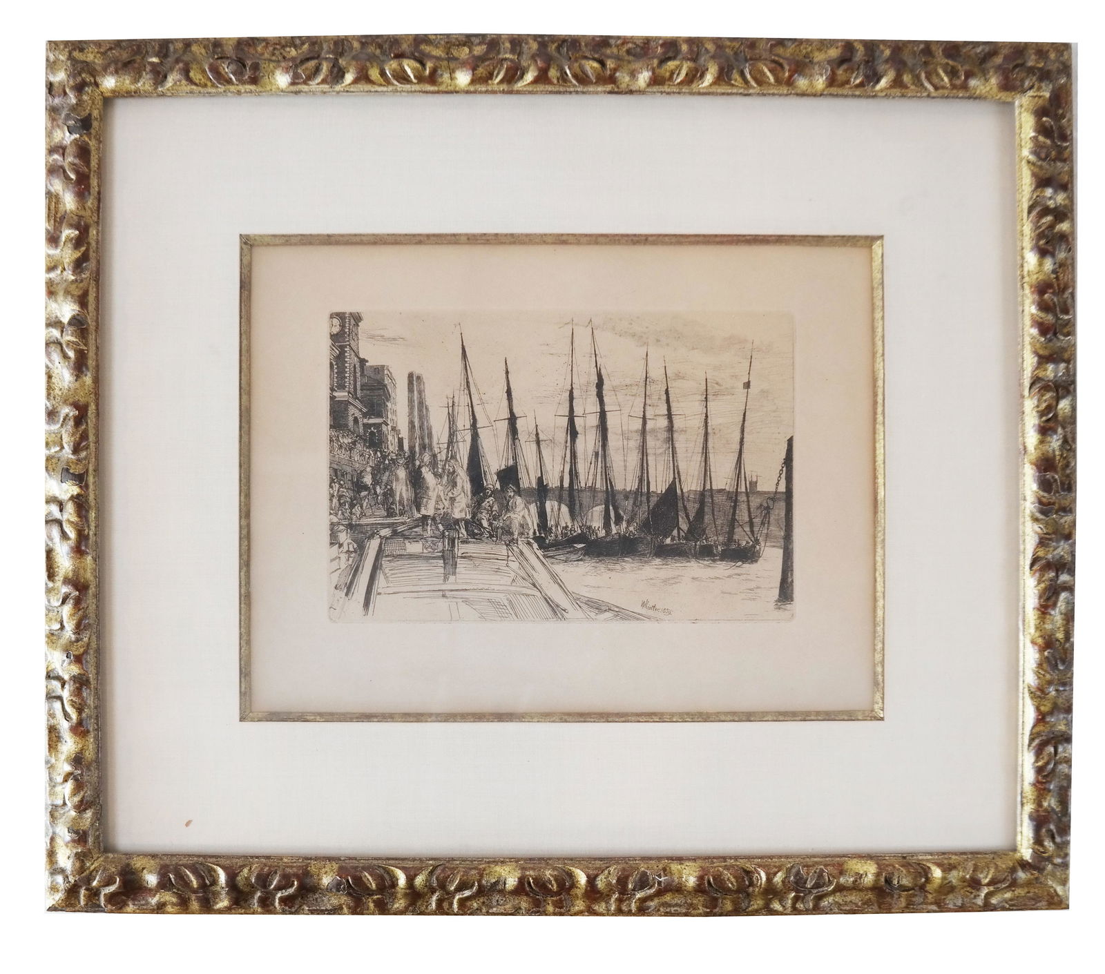 James McNEILL: Whistler-Billingsgate- Seaport Etching: James McNeill etching, Whistler-Billingsgate, figues at a Seaport- Pier [Image: 6" H x 8 3/4" W; Frame: 17" H x 20"