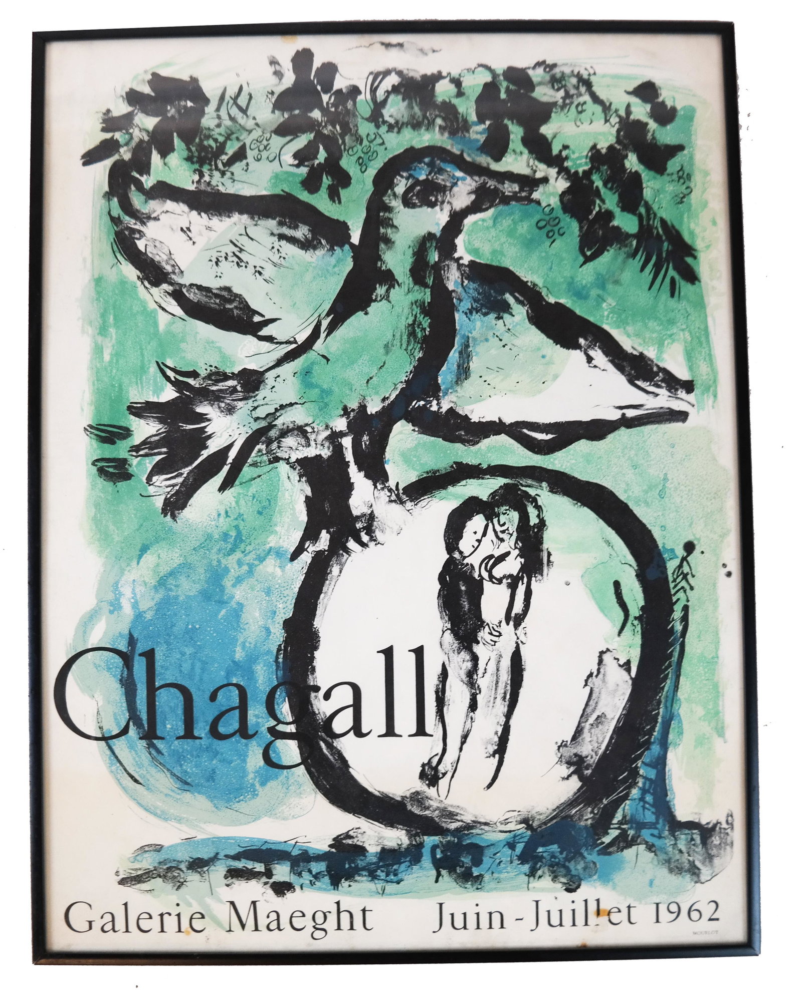 Marc Chagall Poster "L'Oiseau Vert" 1962 Exhibitio: Marc Chagall poster "L'Oiseau Vert" 1962 exhibition, Galene Maeght (Mourlot). [Frame: 28" H x 21 1/2" W]. Toning.