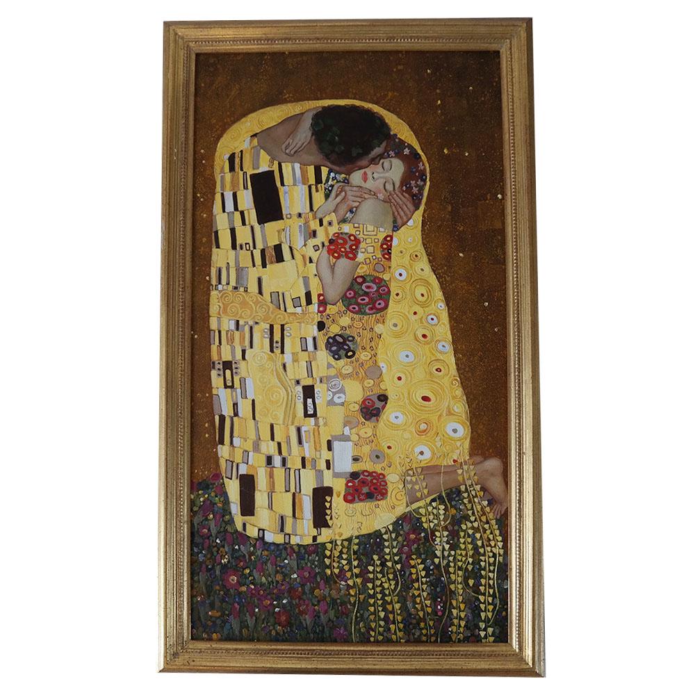 After Gustav Klimt: The Kiss- Painting: "The Kiss", oil on canvas, after Gustav Klimt. [Art: 16 1/4" H x 30 1/2" W; Frame: 19" H x 33" W].