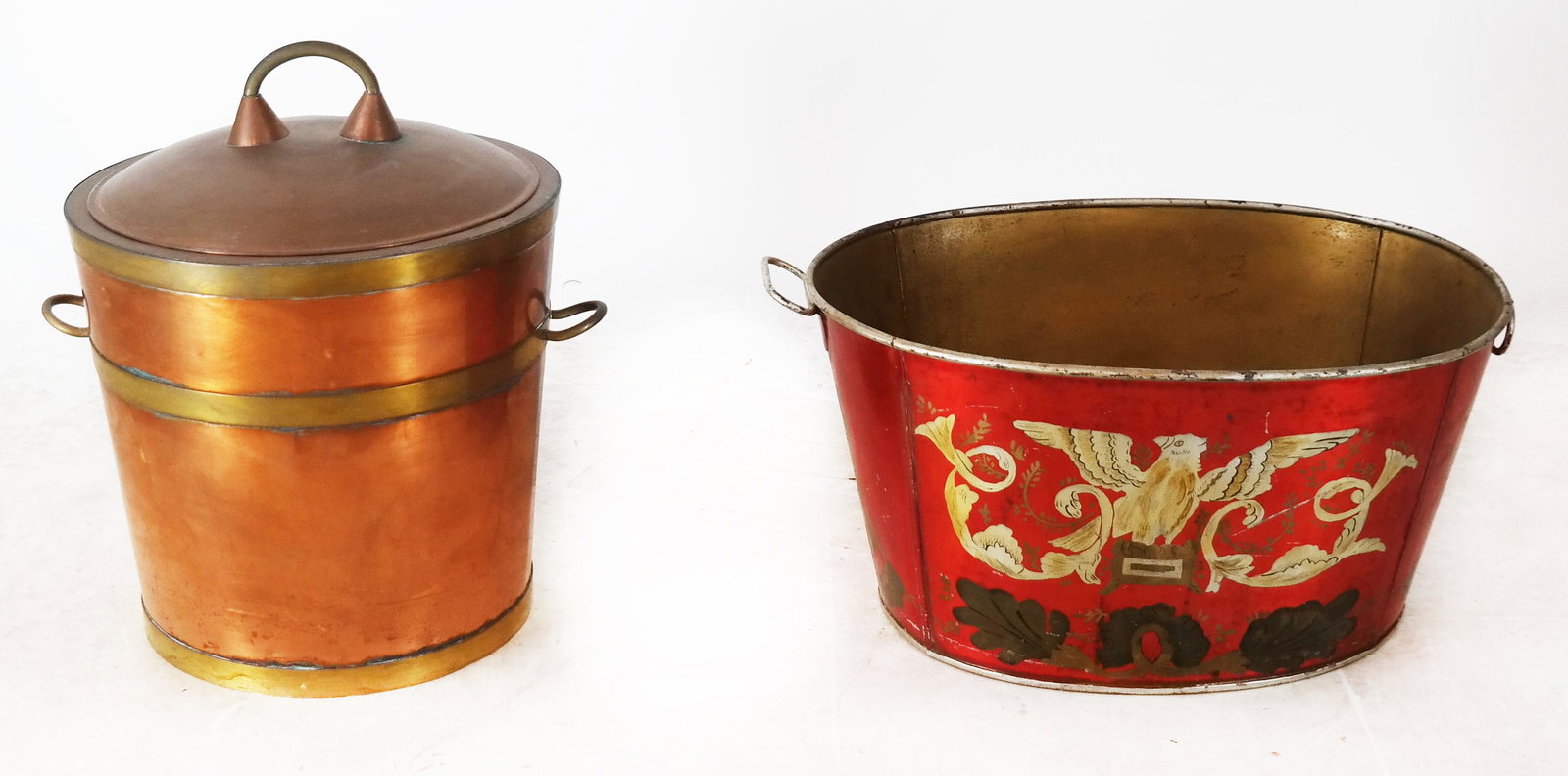 Two Copper Pots: Copper pot and covered bucket. [[8 1/2" H x `7" W x 12" D; 14" H x 12" Diam.].