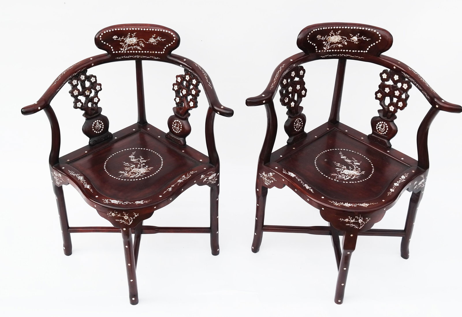 Pair of Asian Mother-of-Pearl Chairs: Pair of corner chairs with mother-of-pearl decoration. [39" H x 27" W x 21" D; 16 1/2" to seat].