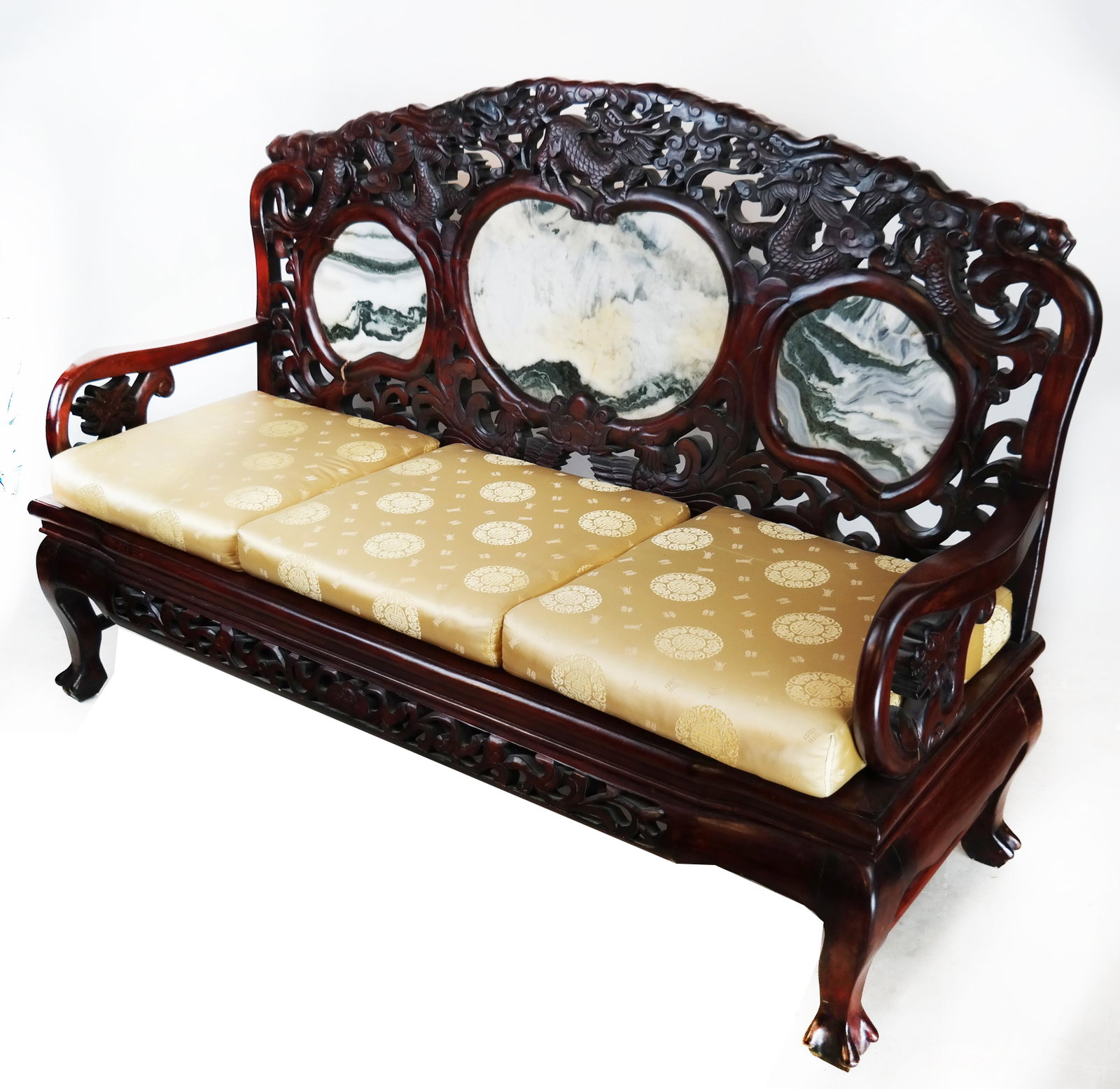 Chinese Ornate Marble Inset Settee: Three-seat Chinese settee / sofa, with dragon motif carving. [47" H x 62" W x 23" D; 16" to seat]. Break in lower left back.