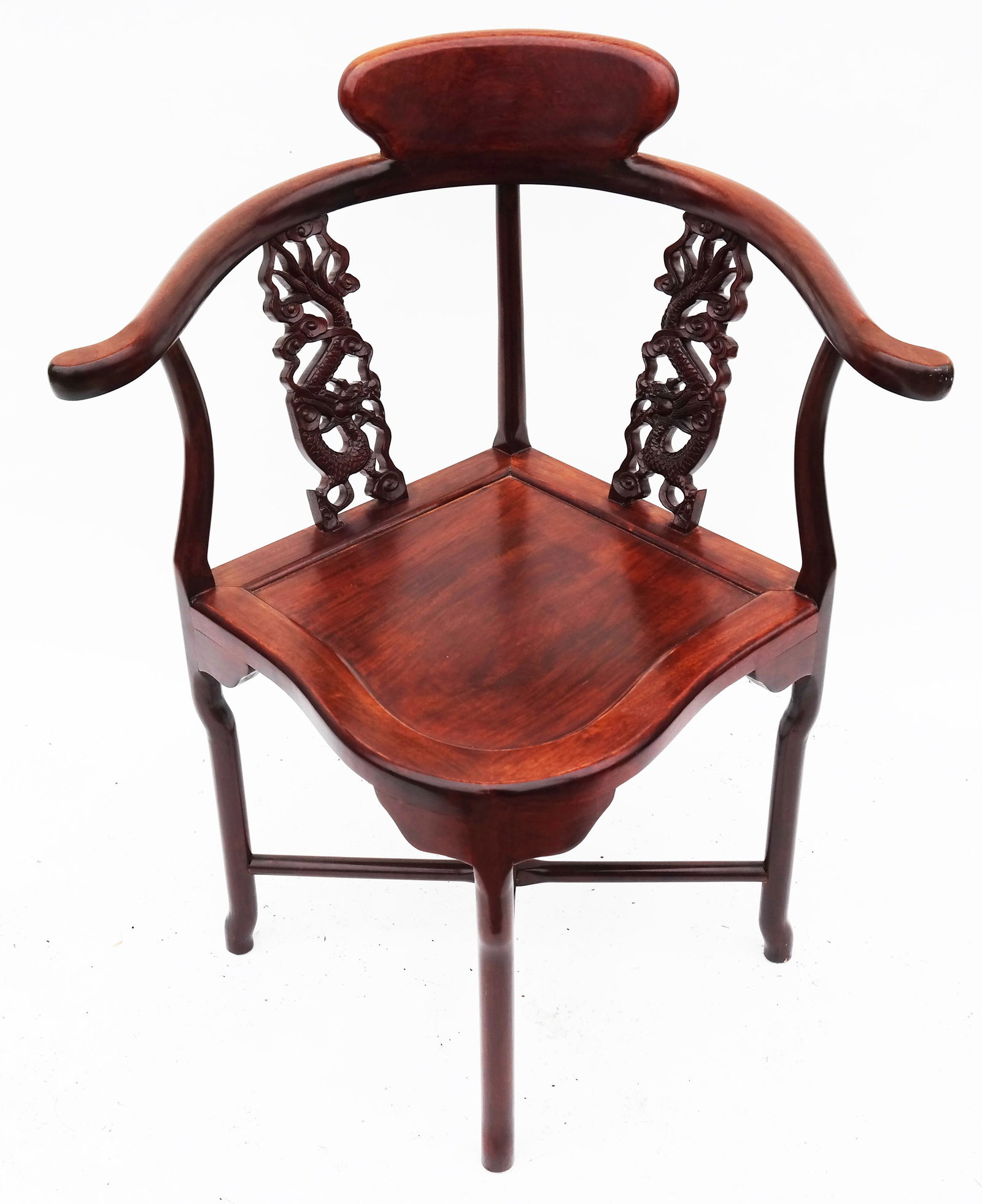 Chinese Carved Corner Chair: Chinese carved hardwood corner chair. [33 1/4" H x 27" W x 21 1/2" D].