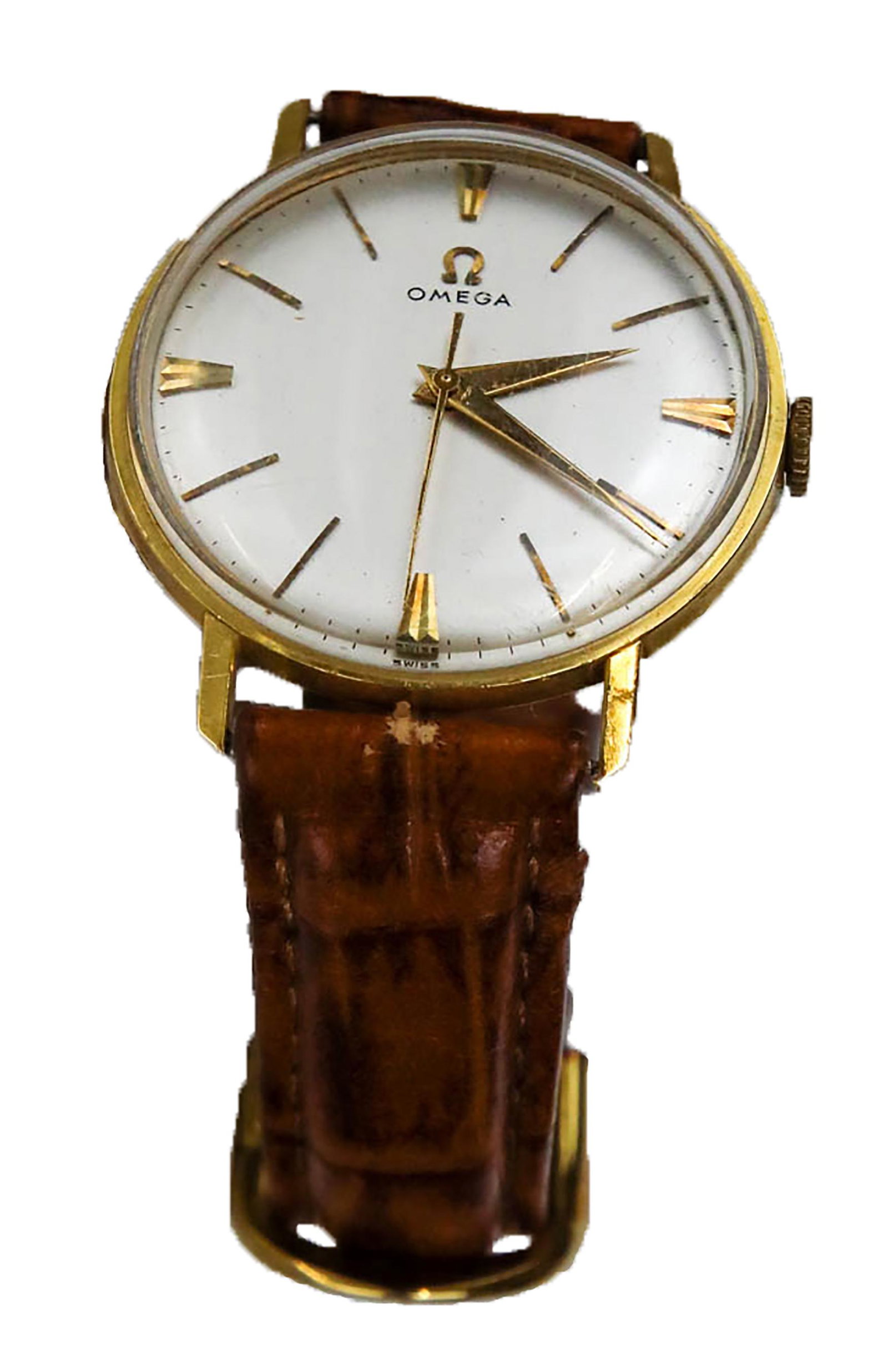 18K Gold Omega Men's Wristwatch: 18K yellow gold men's wristwatch, with leather strap. [Strap: 8 1/2" L; Case: 1 1/4" Diam.].