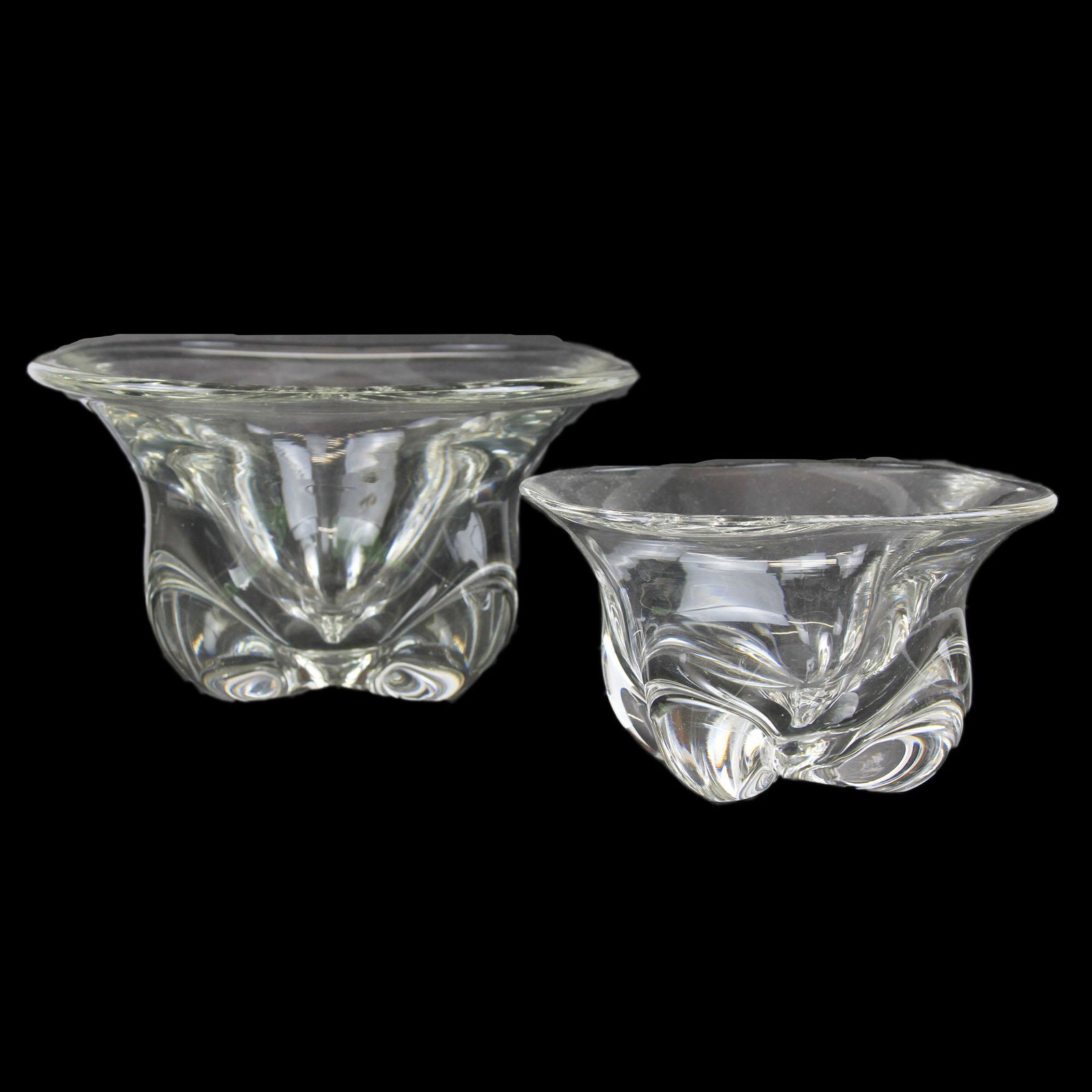 Two Steuben-Style Crystal Bowls: Two Steuben-style crystal bowls; inscription not found. [Largest: 5" H x 9 1/2" Diam.].