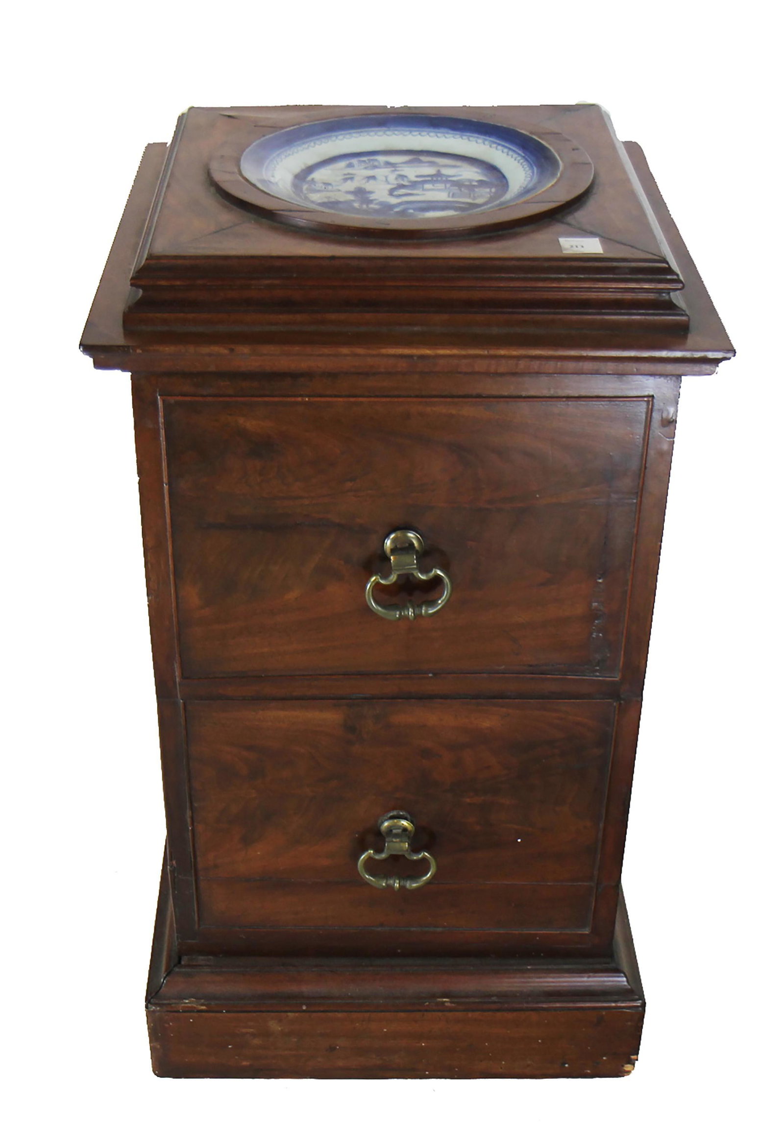 George III Mahogany Pedestal Cupboard: Mahogany pedestal cupboard, second half of the 18th century, later inset with Chinese blue and white porcelain. Provenance: Bonhams, Los Angeles "The Elegant Home" sale, February 28, 2017, lot 213. [2
