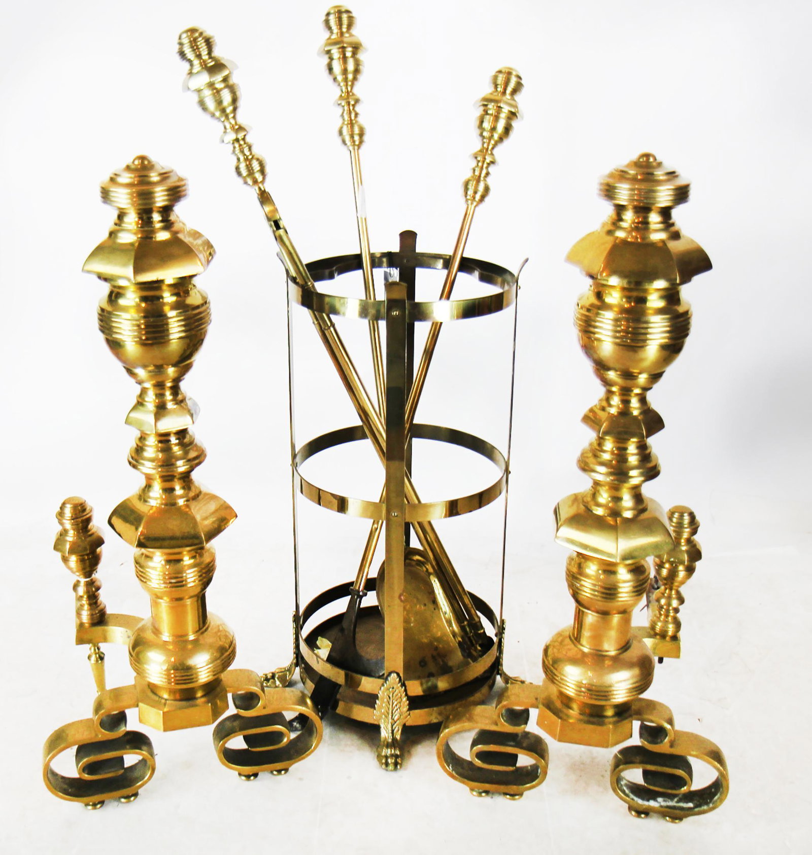 Fireplace Ensemble: Andirons, Tools: Fireplace ensemble including andirons and tools. Provenance: From the Collection of Dorothea Benton Frank, author.