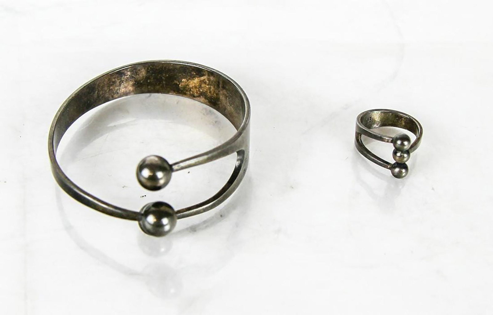 Ana Greta Eker Bangle and Ring Set: Vintage Norwegian sterling silver Scandinavian Jester bangle and ring, stamped "AGE". 1.55ozt. Ring size 8.5