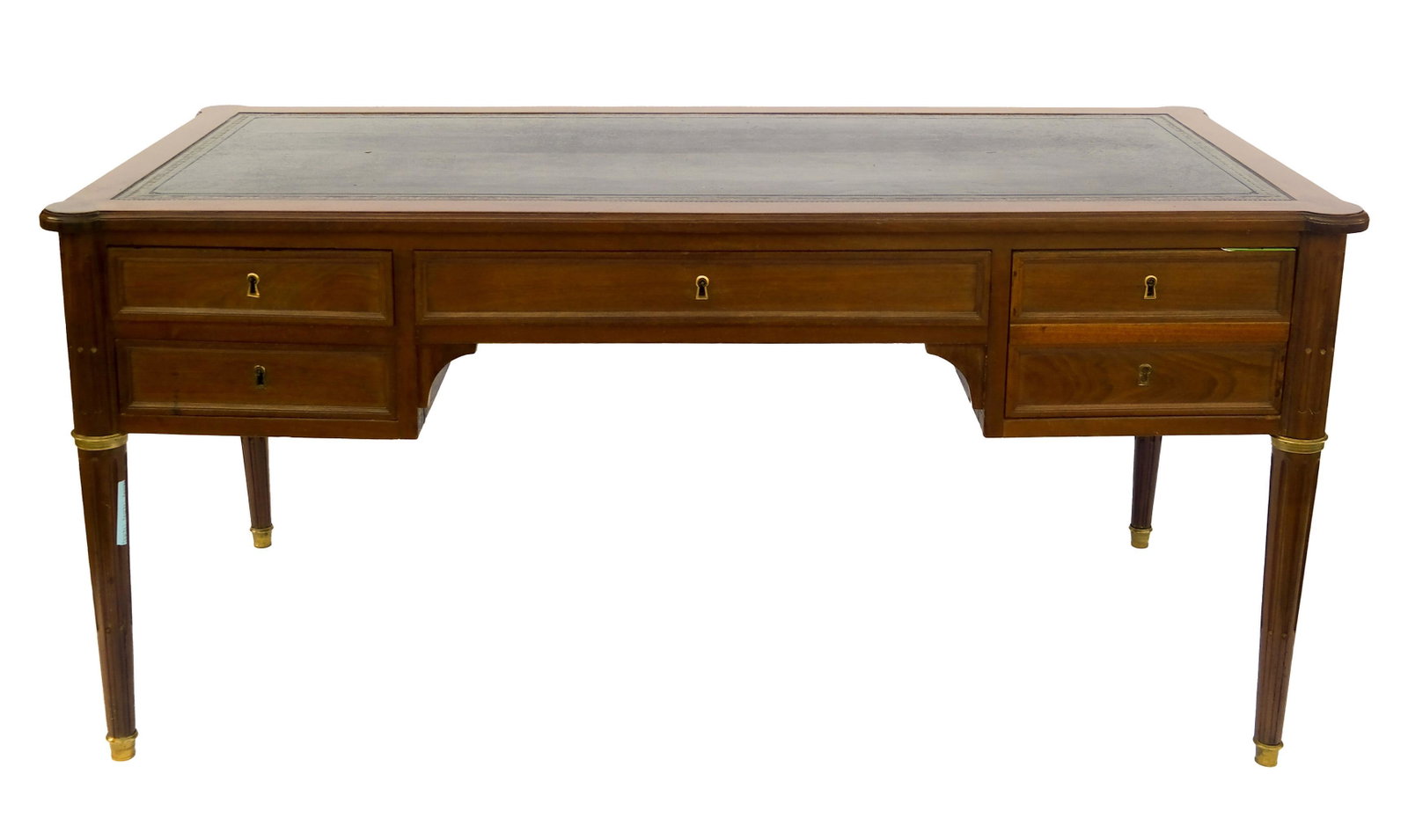 Louis XVI-Style Walnut Bureau Plat: Louis XVI-style walnut bureau plat with five drawers, two pullout slides and a leather inset top. [29" H x 62" W x 29" D].