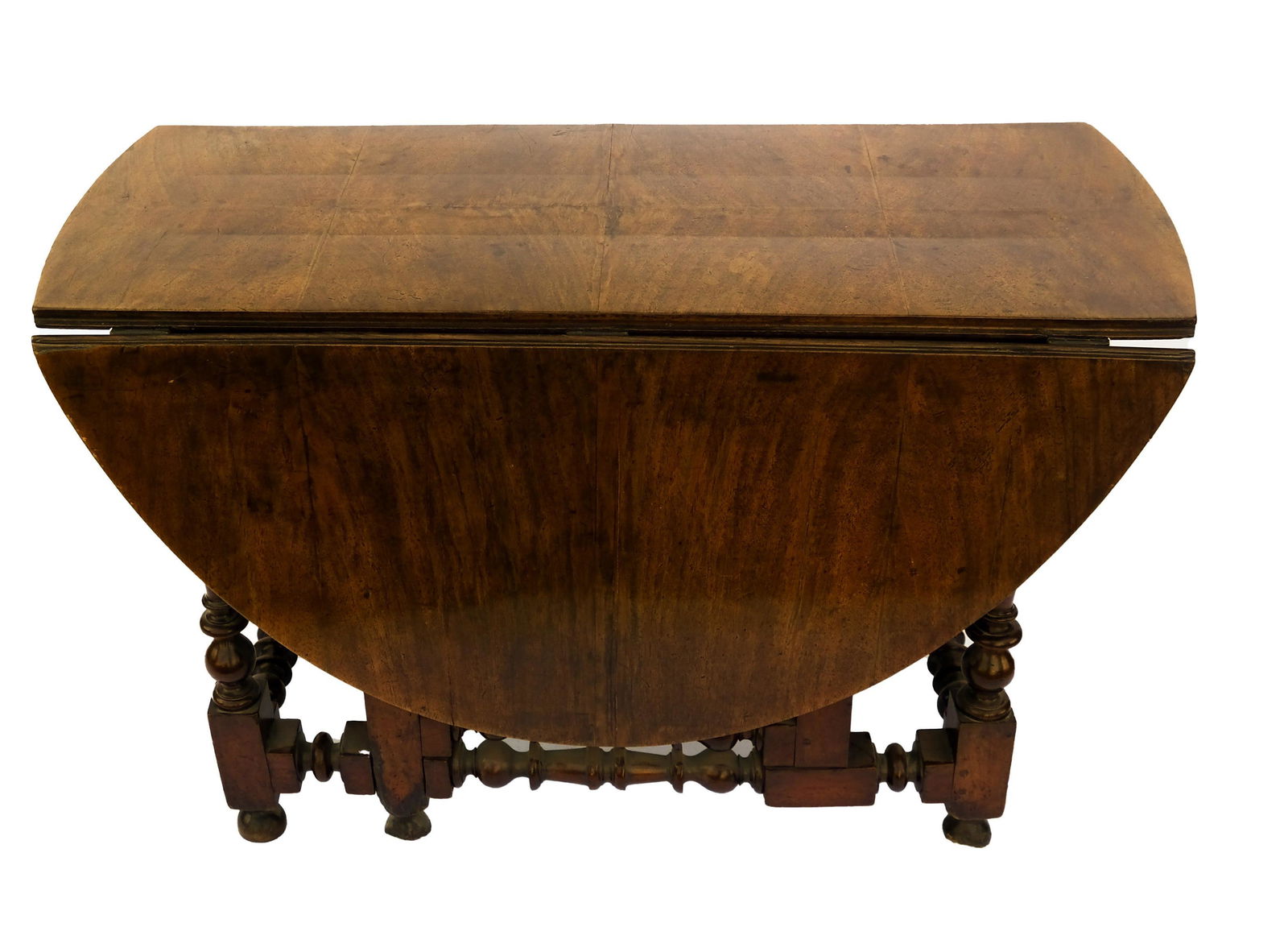 English Tudor-Style Gate-Leg / Wake Table: English Tudor-style gate-leg / wake table, walnut twist-form, drop leaf, circa 1950. [28 1/2" H x 46" W x 20 1/2" D; 57" W when fully opened].