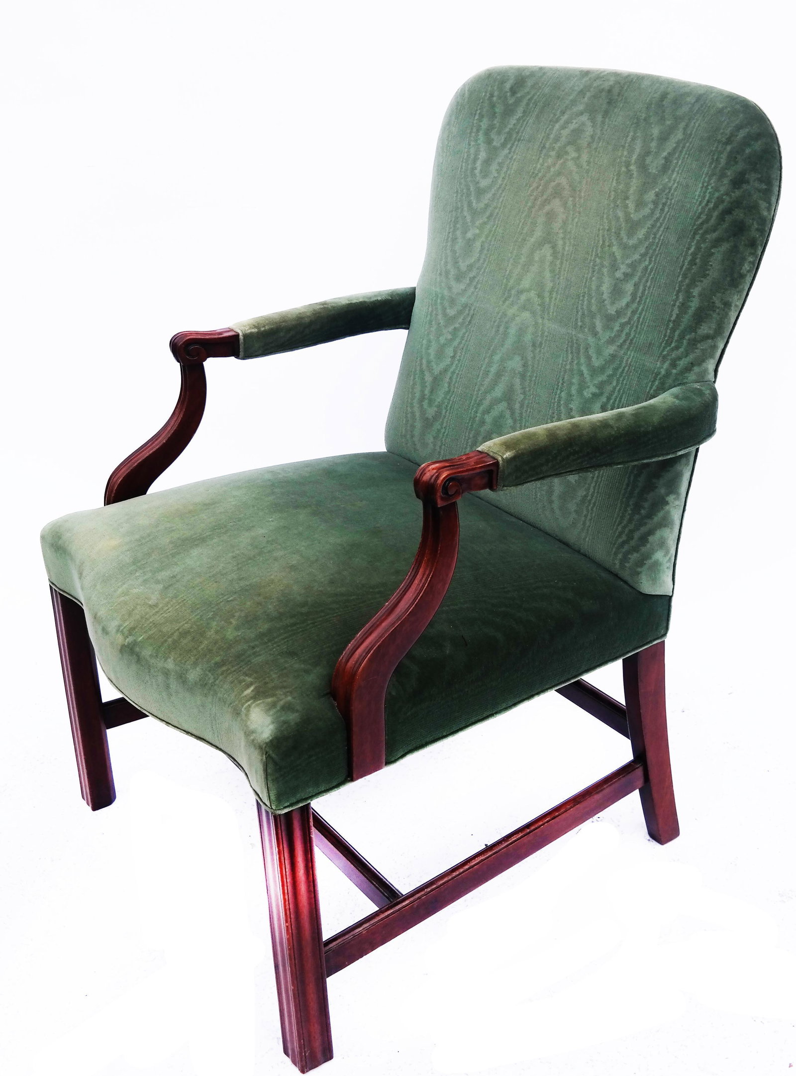 George III-Style Mahogany Library Armchair: George III-style mahogany library armchair, late 20th century. Broken rear leg