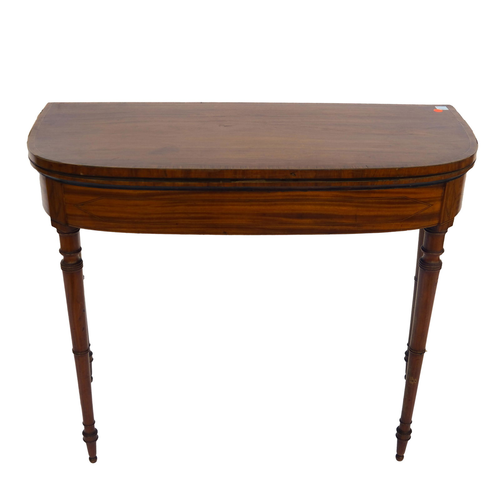 George III Inlaid Satinwood Games Table: George III inlaid satinwood fold top games table, circa 1800, the hinged top opening to reveal a baize-lined surface. Provenance: Bonham's, Los Angeles, "The Elegant Home" sale, March 22, 2016, lot 62