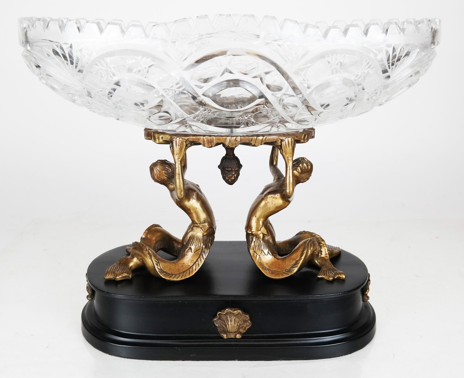 Bronze & Cut Crystal Centerpiece: Gilt bronze marine-themed figural centerpiece mounting a cut crystal serving bowl. [10 1/2" H x 13 1/4" W x 5 1/2" D]. In good condition.