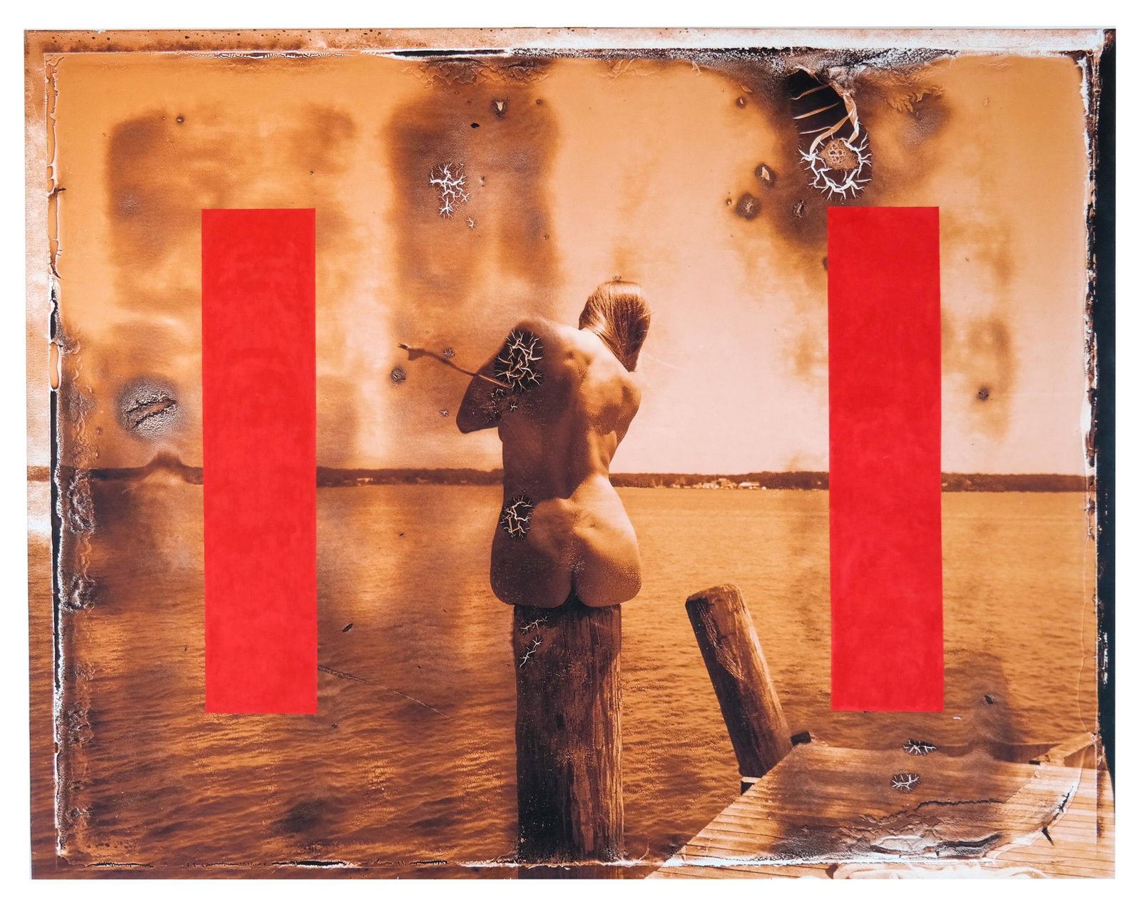 David GAMBLE: "3 Mile Harbor" - Mixed Media: David Gamble (b. 1953) "3 Mile Harbor, Hamptons" unframed chromogenic print and painting on canvas, 2009, signed 'D. Gamble', titled, dated and inscribed on the reverse. [50"H x 64" W]. In good condit