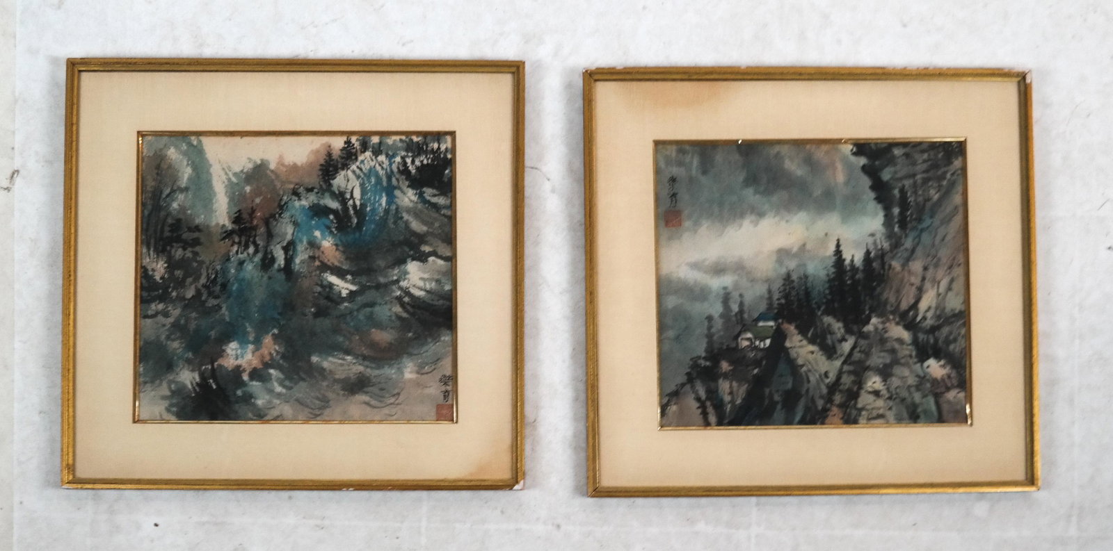 Rayomnd VELAYO: Two Works - Watercolor Paintings: Two Chinese-style watercolor landscapes, signed in Chinese, by Raymond Velayo, student of Huang Jun Pi (Taiwan artist), one not framed. [Art: 10 x 11 inches; Frame: 16 x 16 inches].