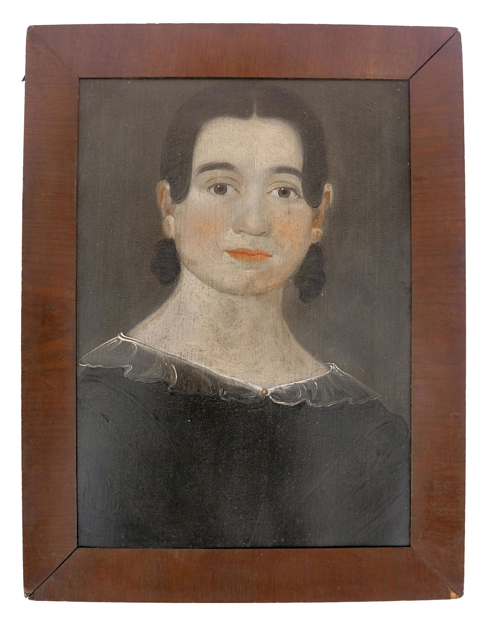 Wm. Matthew PRIOR: Portrait - Oil Painting: Folk Art-style oil on panel portrait of a young woman, circa 1840, by William Matthew Prior (American, 1806-1873). [Art: 14" H x 10" W; Frame: 16 1/2" H x 13" W]. Inpainting and/or restoration to chin