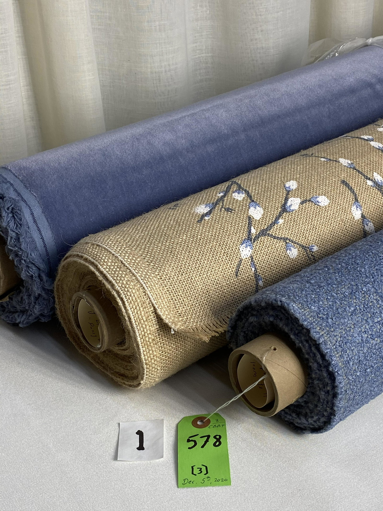 Schumacher Print and Boucle Fabrics: 1) 3 1/2 yards of F. Schumacher's "San Carlo" upholstery mohair plush, #64874, "Corn Flower", 55" wide. 2) 11 3/4 yards of a custom hand printed Pussy Willow Spray on burlap, 48" printed width, in col