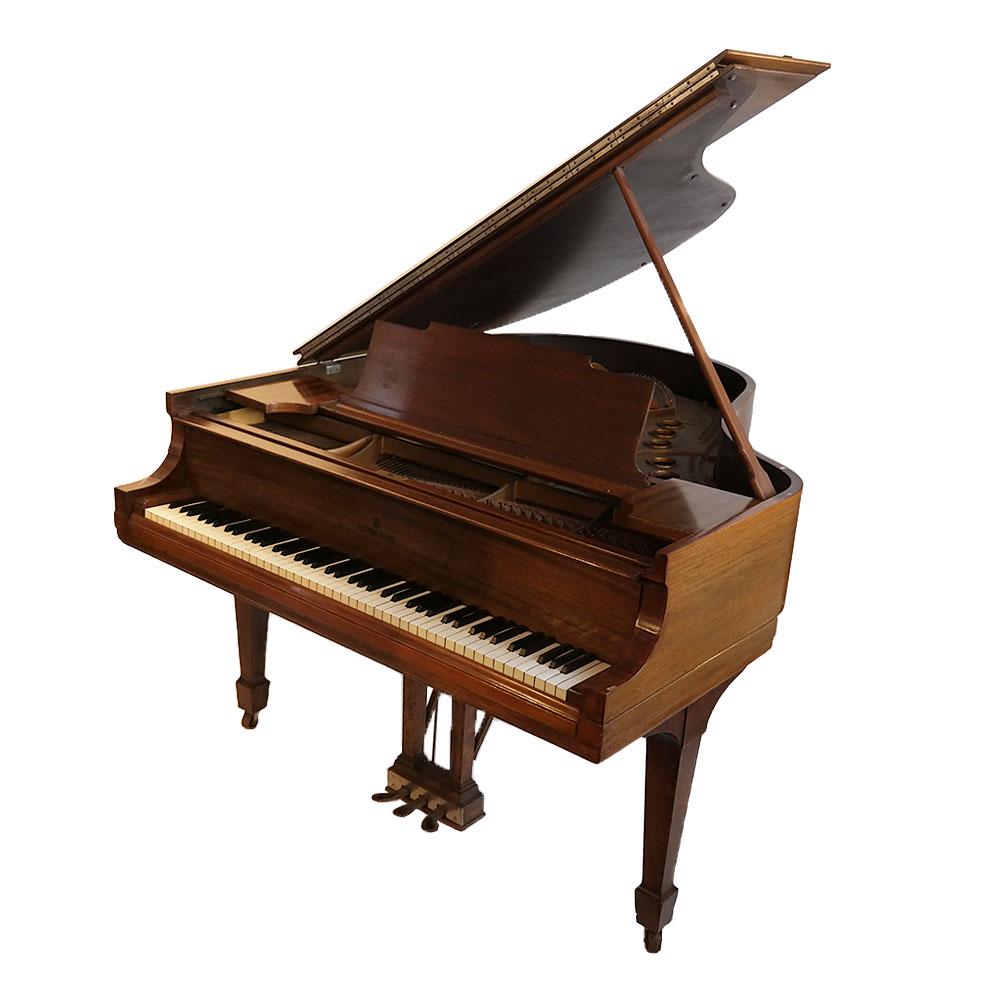 Steinway & Sons Piano 1922 "M": Steinway & Sons piano, mahogany case, on tapered legs, serial # 211849, model "M", made 1922. [5'7" L]. Sound board cracked; tuning pins loose; one black key sticks. A few chips to veneer; surface scr