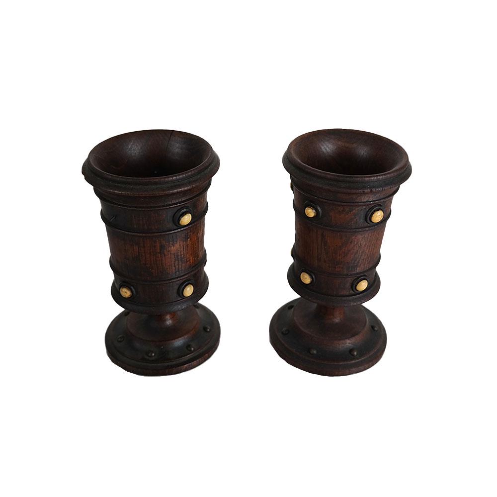Pair Treenware-Style Wood Vases: Pair of Treenware-style wood vases. [5" H x 3" Dia.]. One with split on rim.