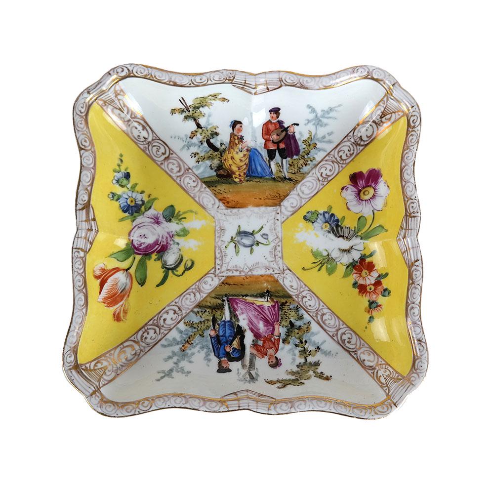 Meissen Decorated Porcelain Dish: Meissen decorated porcelain dish. [1" H x 6 3/4" W x 6 3/4" D]. Worn surface; no chips or repairs.
